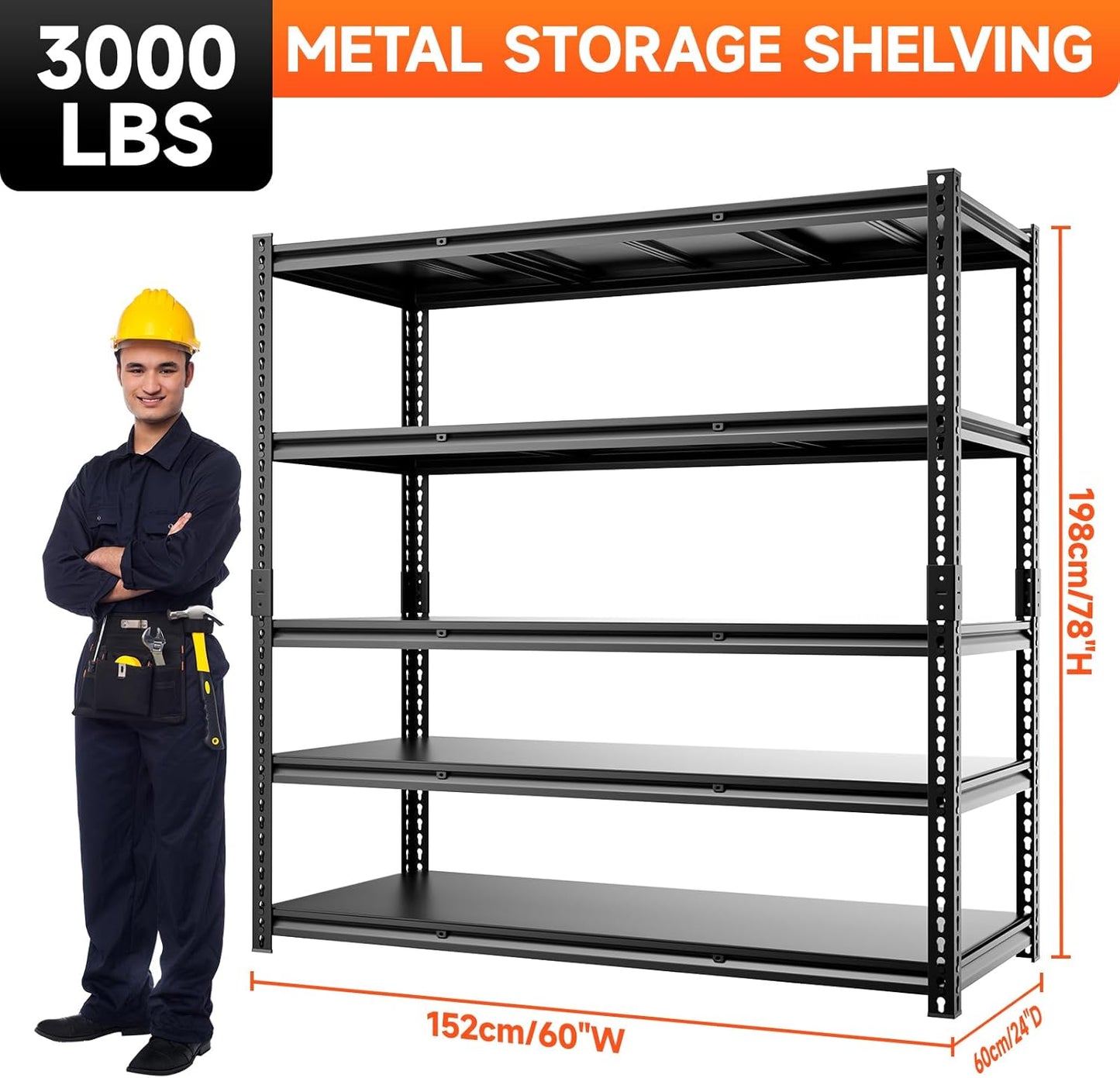 5 Tier 60”D X 24”W X 78”H Garage Shelves Heavy Duty 3000LBS Adjustable Metal Storage Shelves for Garages Shops and Basements (Black)