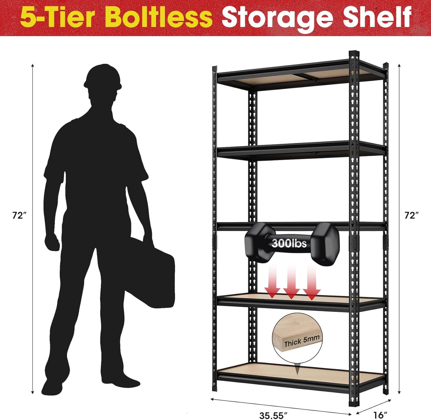 3 Pack 5 Tier Garage Shelving Unit, 72" H x 35.55" W x 16" D Metal Storage Shelves Heavy Duty, Adjustable Garage Storage Utility Rack for Kitchen Pantry Basement Bathroom Closet