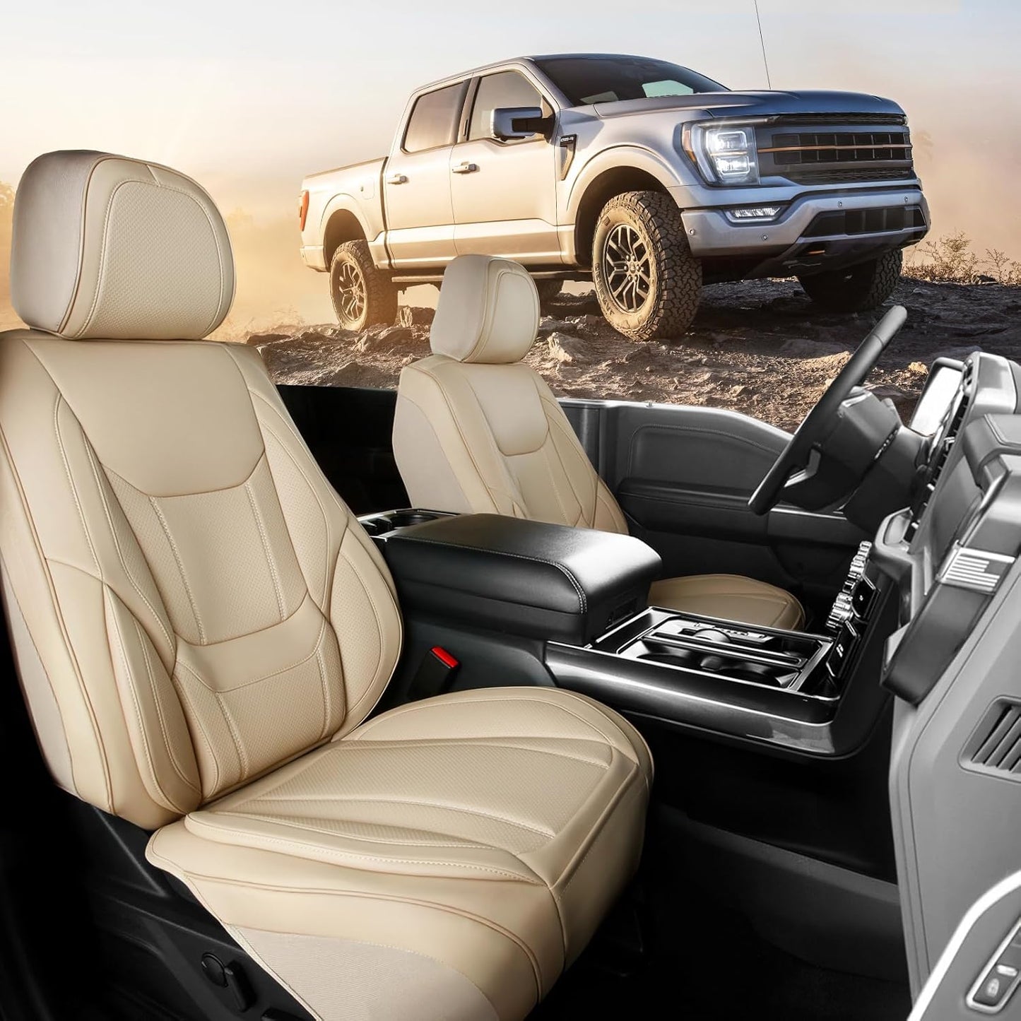 Coverland Custom Car Seat Covers Compatible with Titan, Tundra - Premium Leather Non-Slip Memory Foam Waterproof Cover Custom Fit Interior Protector Front Seat-Beige [See Size Chart-Size A14]