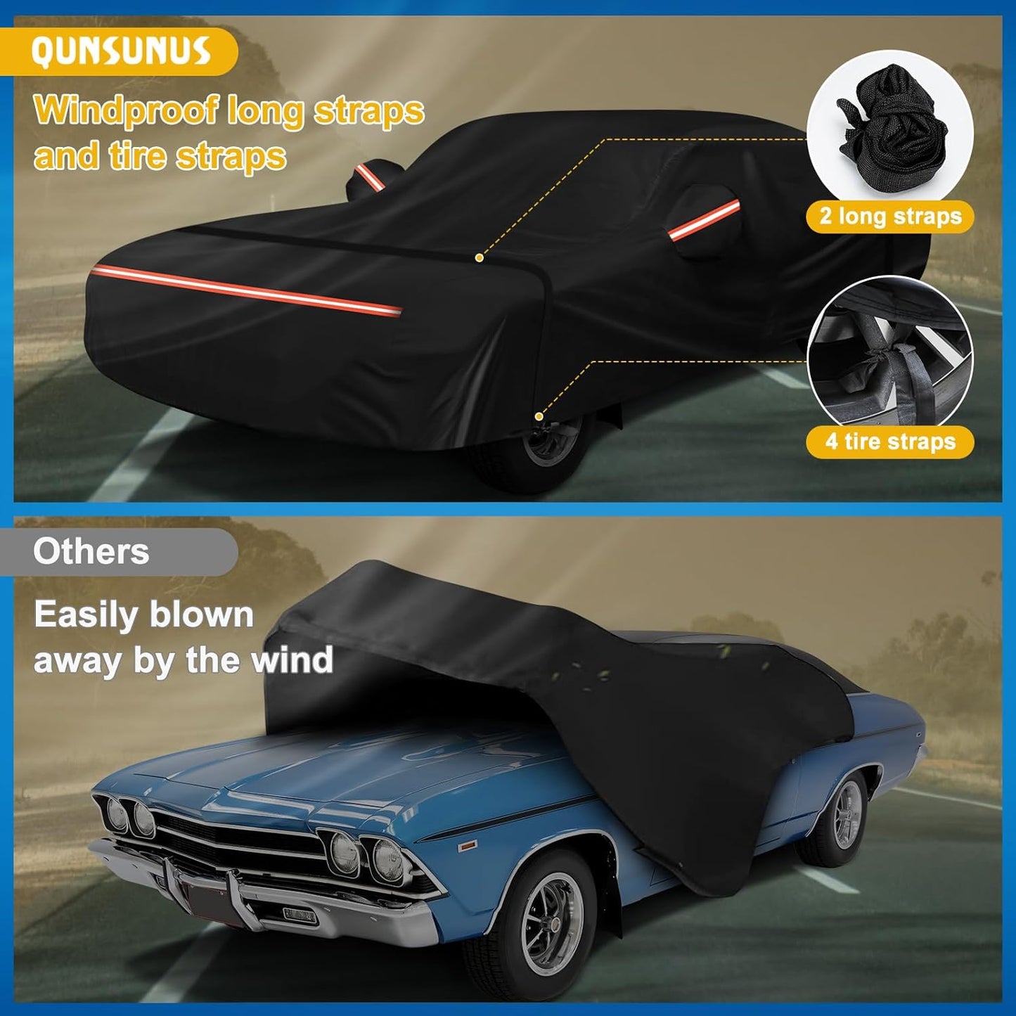 QUNSUNUS Waterproof Car Cover for Chevelle Malibu SS Sedan/Coupe 1964-1972, Outdoor Car Cover with Zipper, Full Exterior Car Covers for Automobiles All Weather with Wind, Sun, UV and Dust Protection