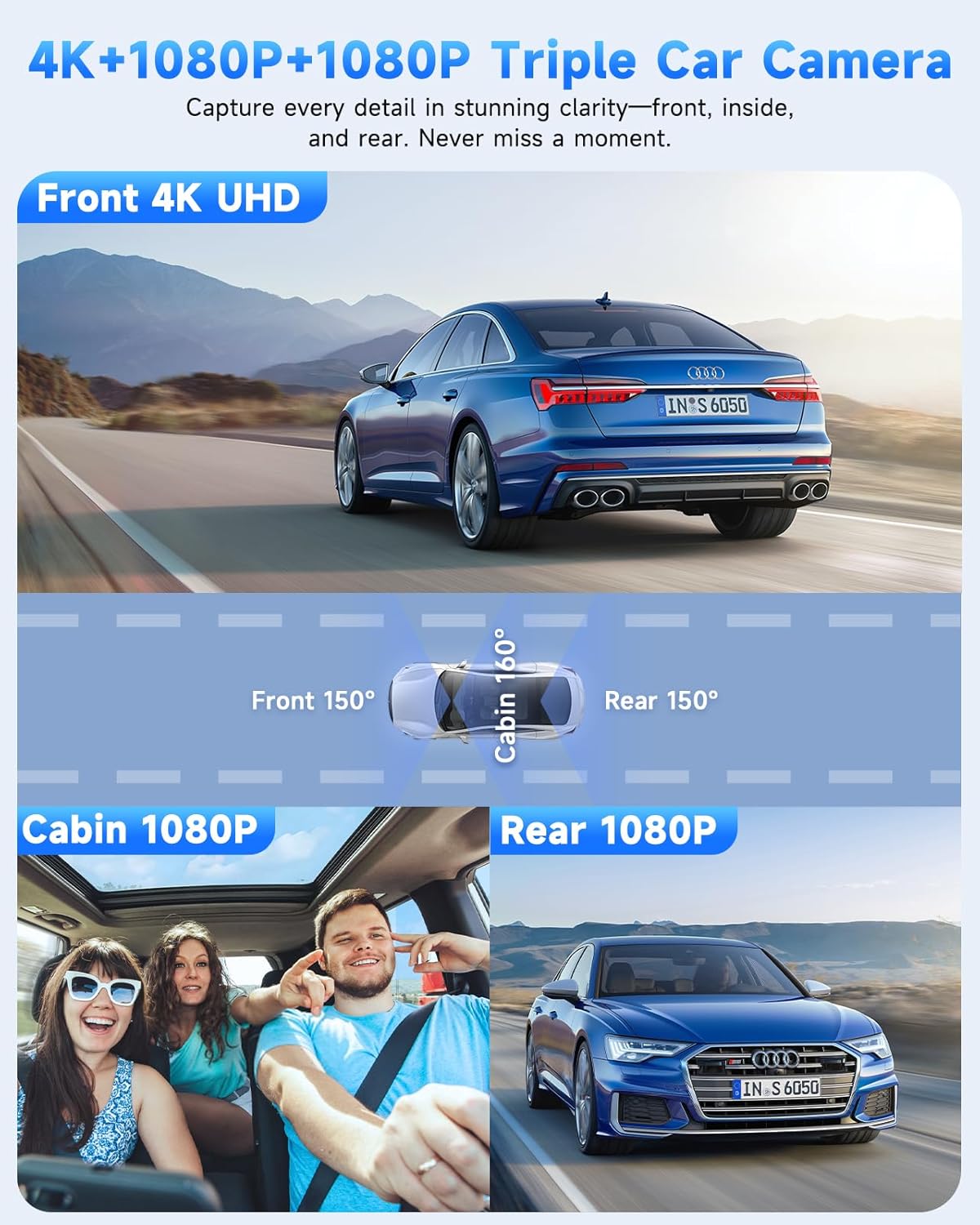 3 Channel Dash Cam, SARMERT 4K Dash Cam Front Inside and Rear with Free 64GB Card, 4K+1080P+1080P Car Camera, G-Sensor, WDR, APP, 5G WiFi, Night Vision, 24H Parking Monitor