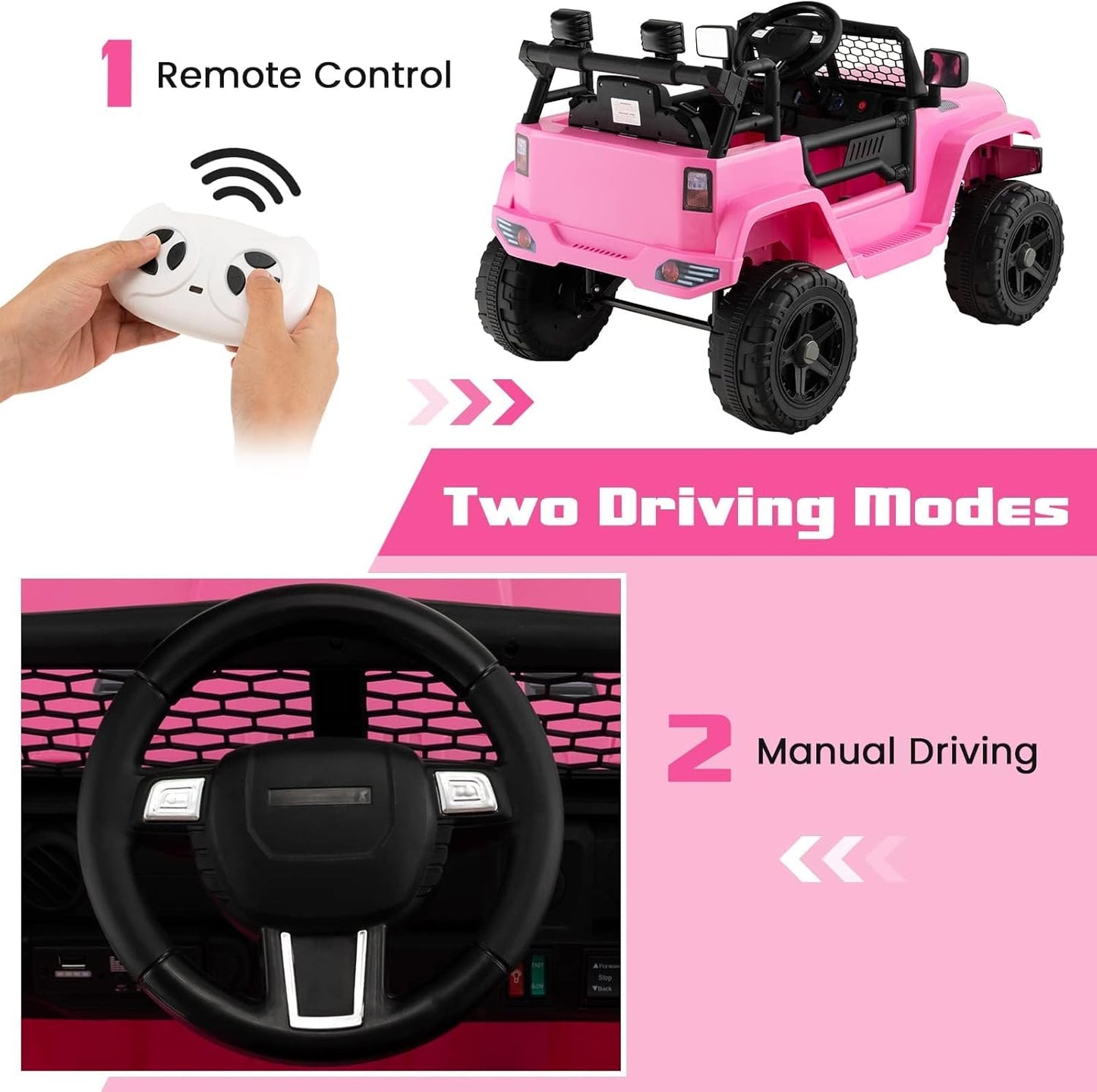 OLAKIDS Kids Ride On Truck, 12V Electric Vehicle Jeep Car with Remote Control, Toddlers Battery Powered Toy with 2 Speeds, Spring Suspension, Double Open Doors, LED Lights, Music, TF, USB, Mp3 (Pink)