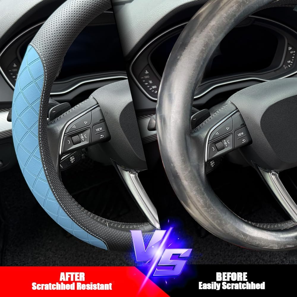 LKWLIKEI Nappa Leather Steering Wheel Cover,Elegant Diamond Checkered Design, Non-Slip wear-Resistant, Enhance Driving Comfort, Suitable for Steering Wheel Diameter 14 1/2‘-15’ Models.Black Blue