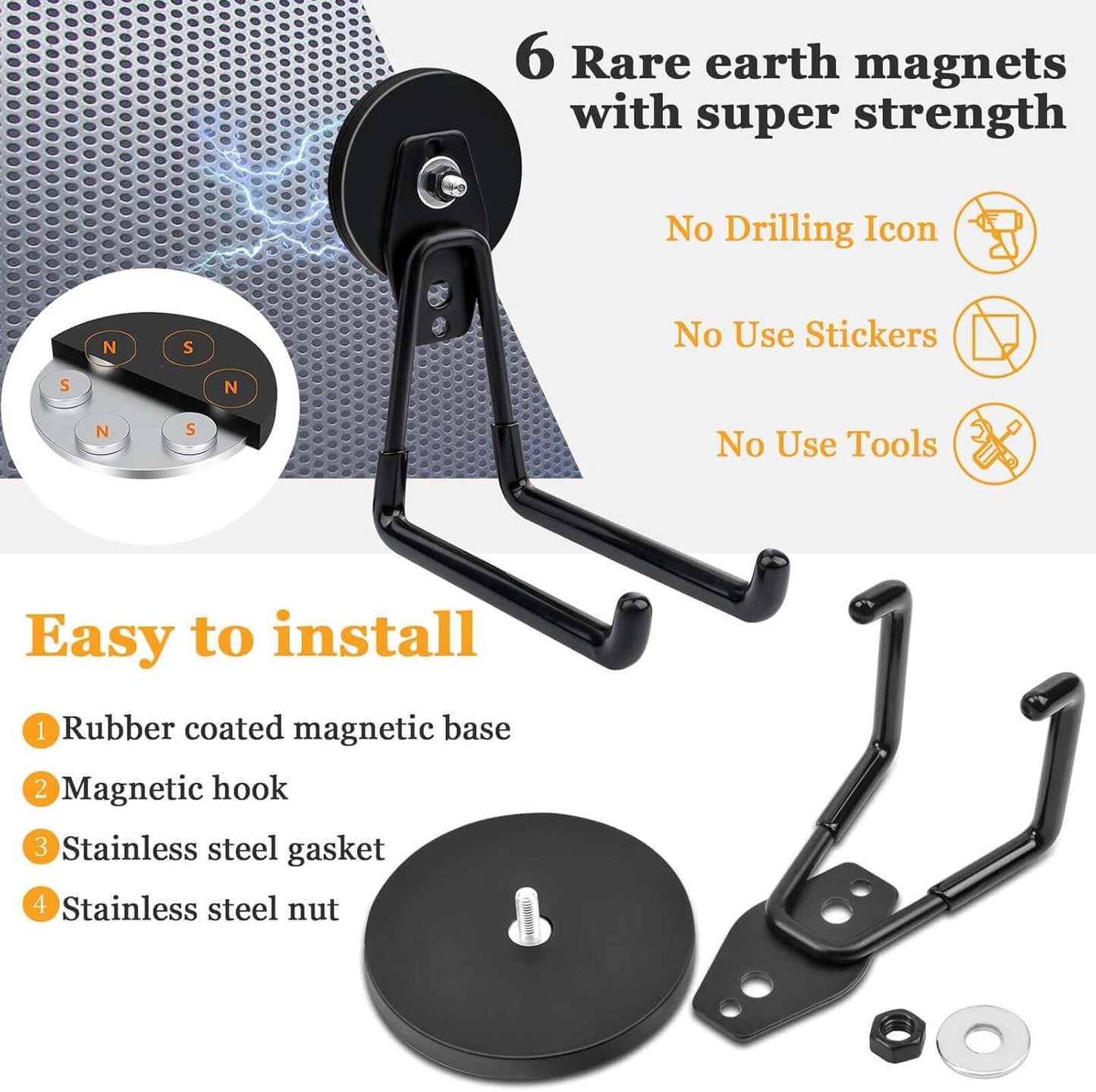 2 Pack Magnetic Hooks, Large Manget with Hooks, 2.59" (66 mm) Magnetic Hooks Heavy Duty for Hose, Jig Saw, Circular Saw,Workshop Organization, Tool Hooks for Hammer Drill, Garden Tool, Black