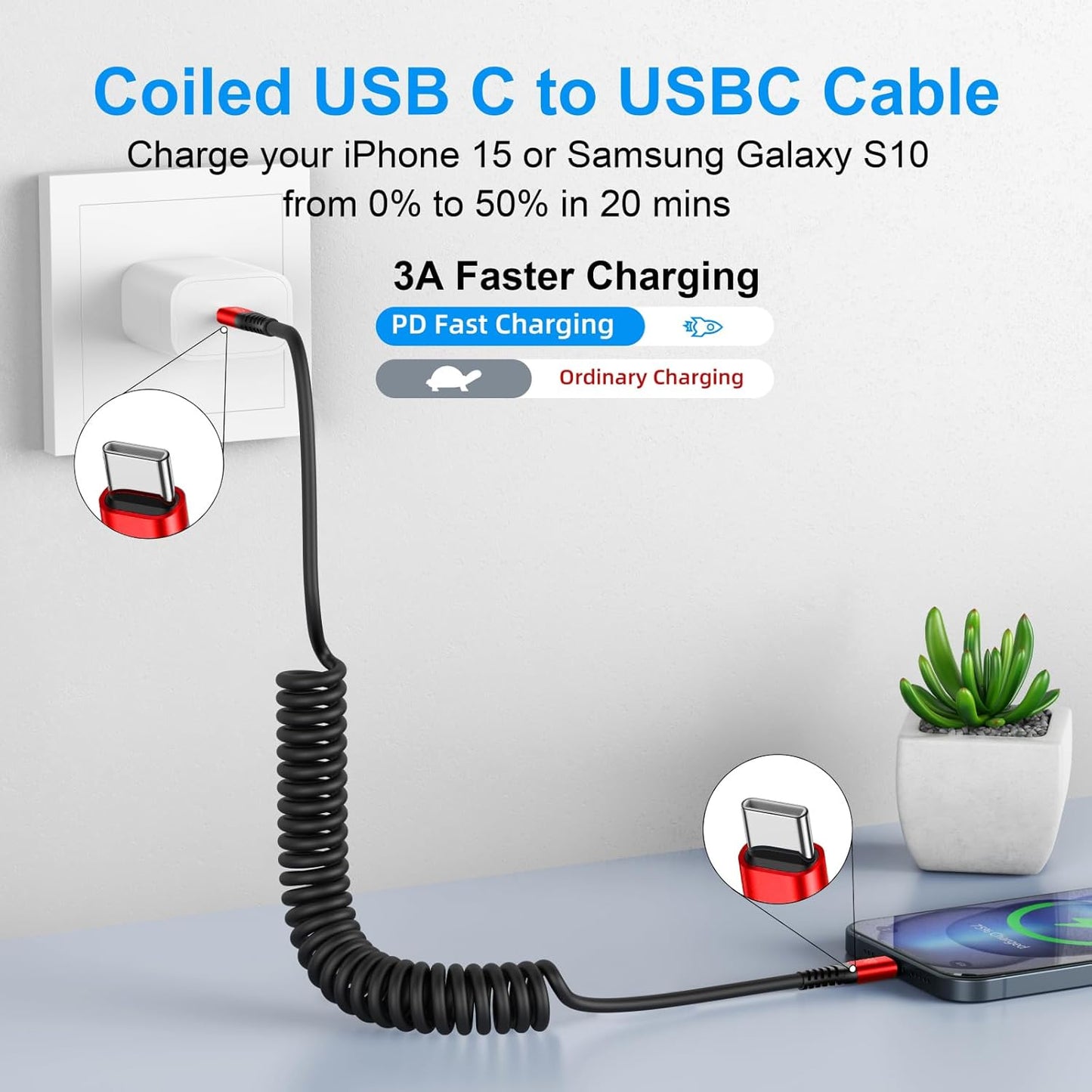 USB C to USB C Cable 6ft, 2Pack Coiled USBC Charger Cable for Car, Type C Fast Charging Compatible with iPhone 16/15/Plus/Pro/Pro Max/MacBook Pro 2020/iPad Pro 2020/iPad Air 4/Samsung Galaxy S23-Red