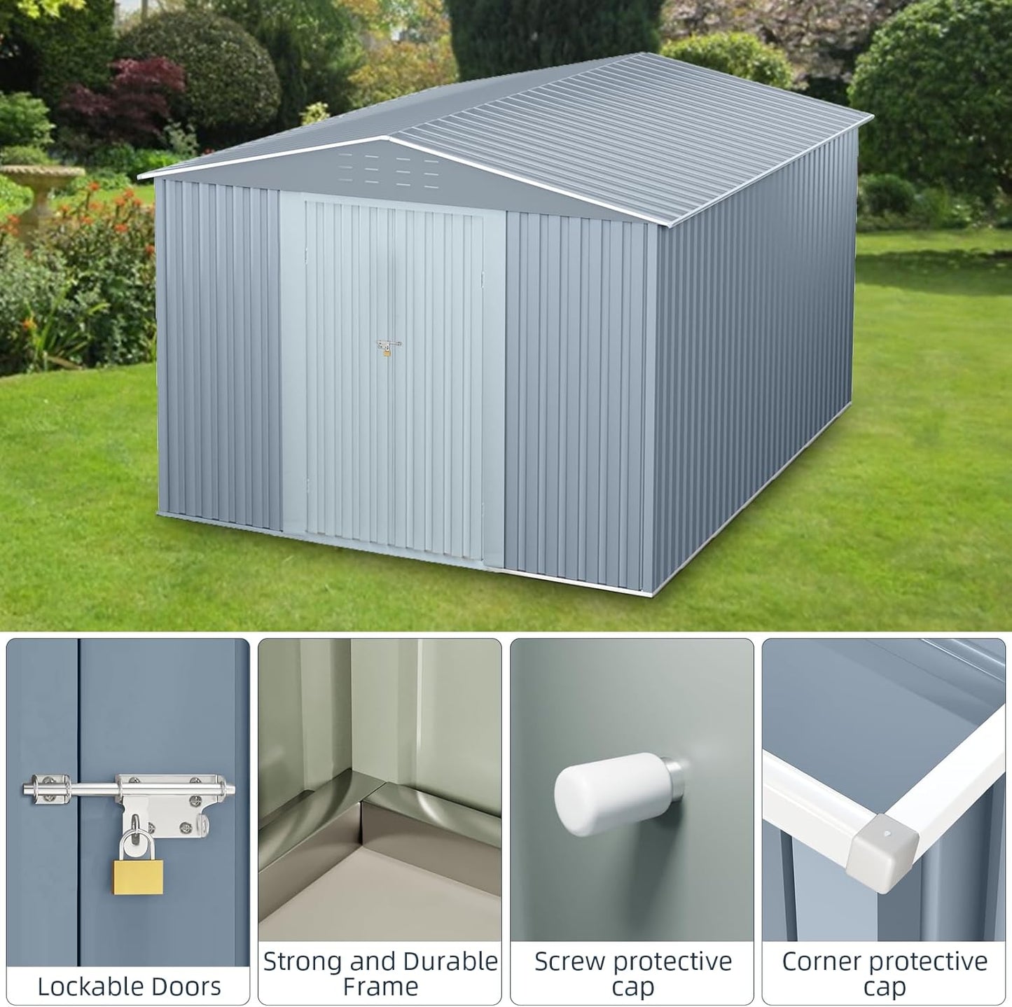 8X12FT Outdoor Metal Storage Shed, Lockable Weatherproof Garden Shed for Tools & Equipment, Durable Galvanized Steel with Sloping Roof & Ventilation, Ideal for Backyard, Patio & Garage Storage, Grey