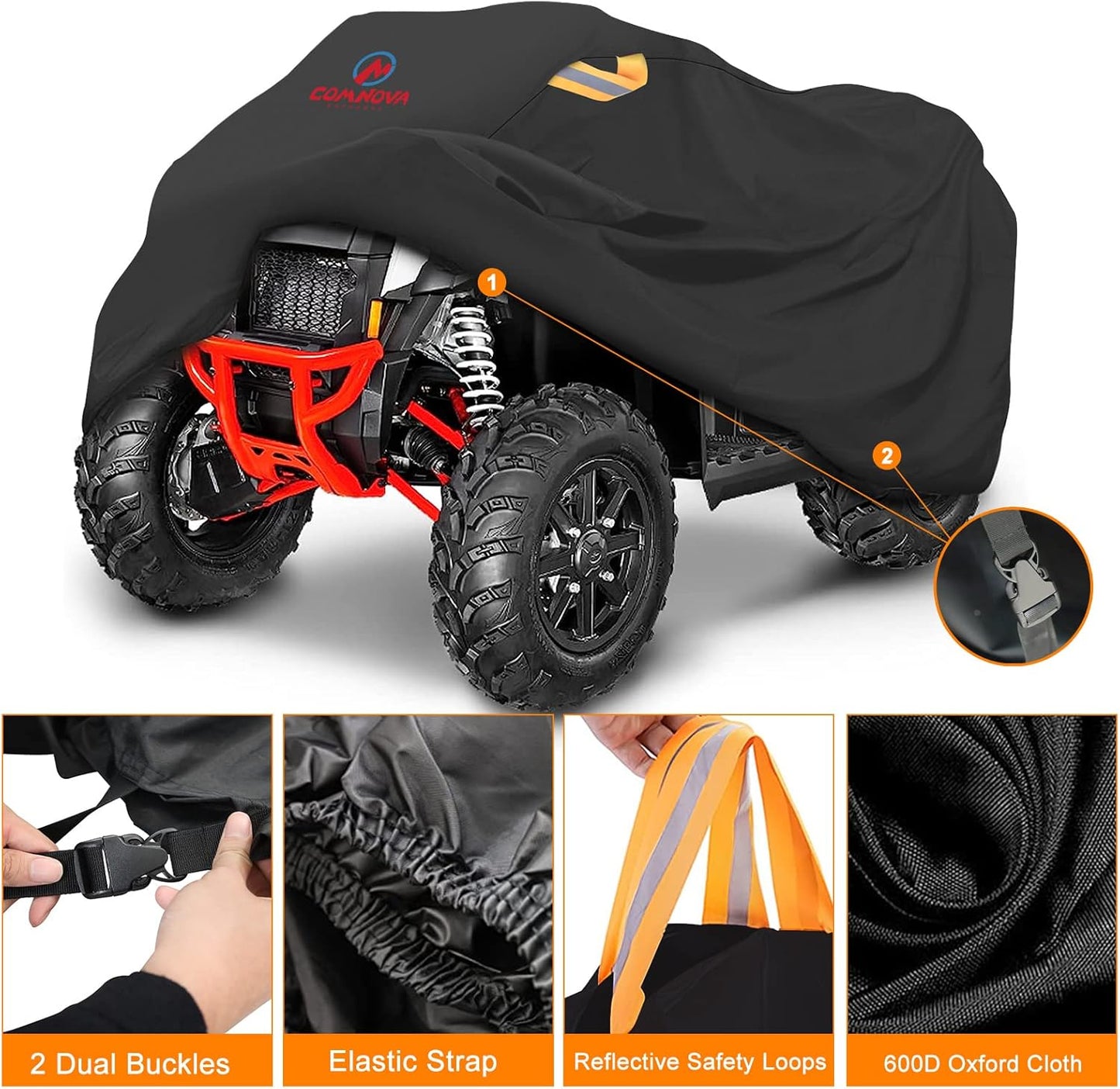 Comnova ATV Cover for 4 Wheelers - 84 Inch ATV Covers 600D Heavy Duty & Waterproof, Outdoor Four Wheeler Quad Cover All Weather Large for Polaris, Kawasaki, Arctic Cat, Honda, Yamaha and More