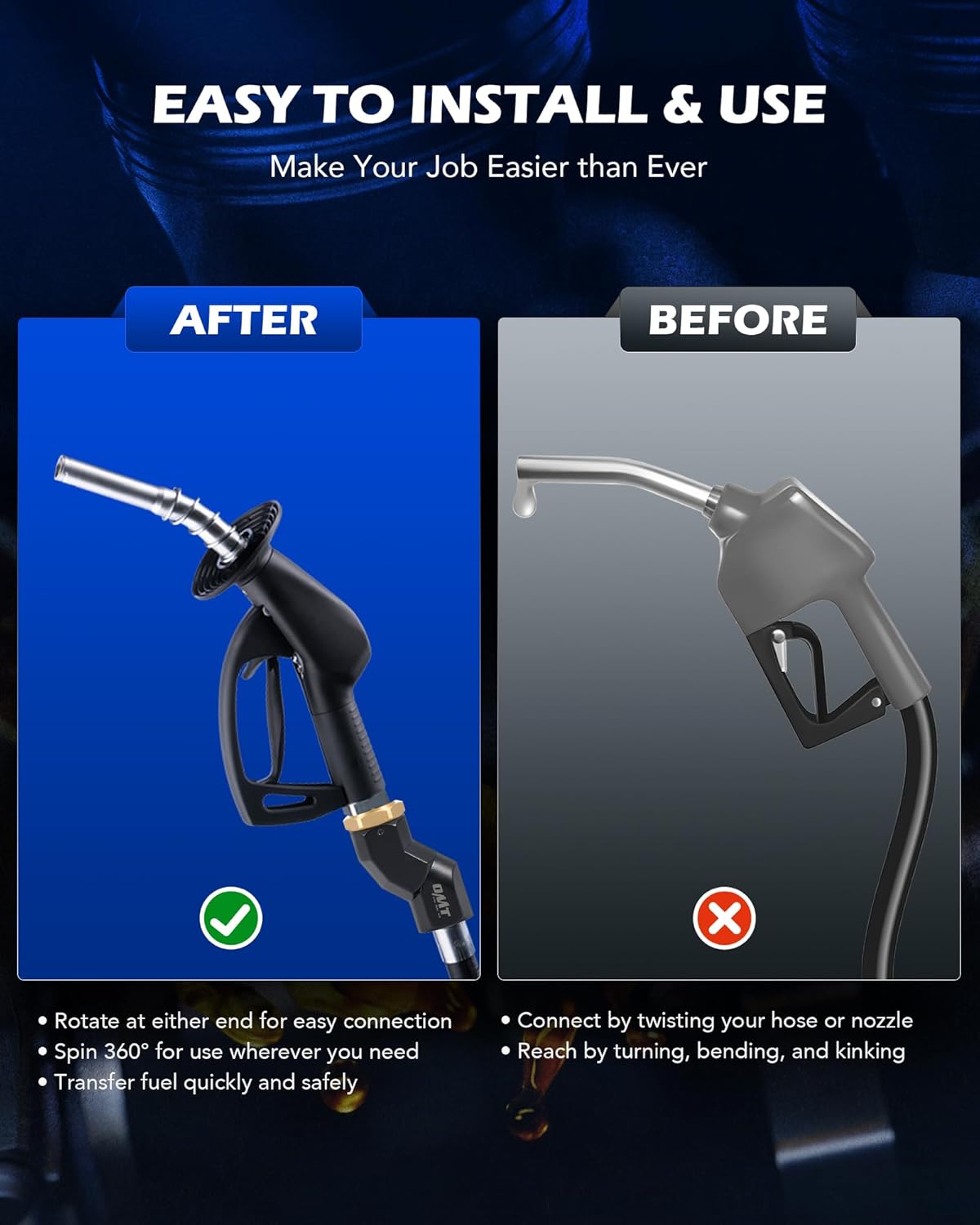 Orion Motor Tech 1" NPT Fuel Hose Nozzle Swivel, 1" Dual NPT Fuel Transfer Pump Nozzle Swivel, Multi Plane 360 Rotating Fuel Pump Tank Hose Swivel