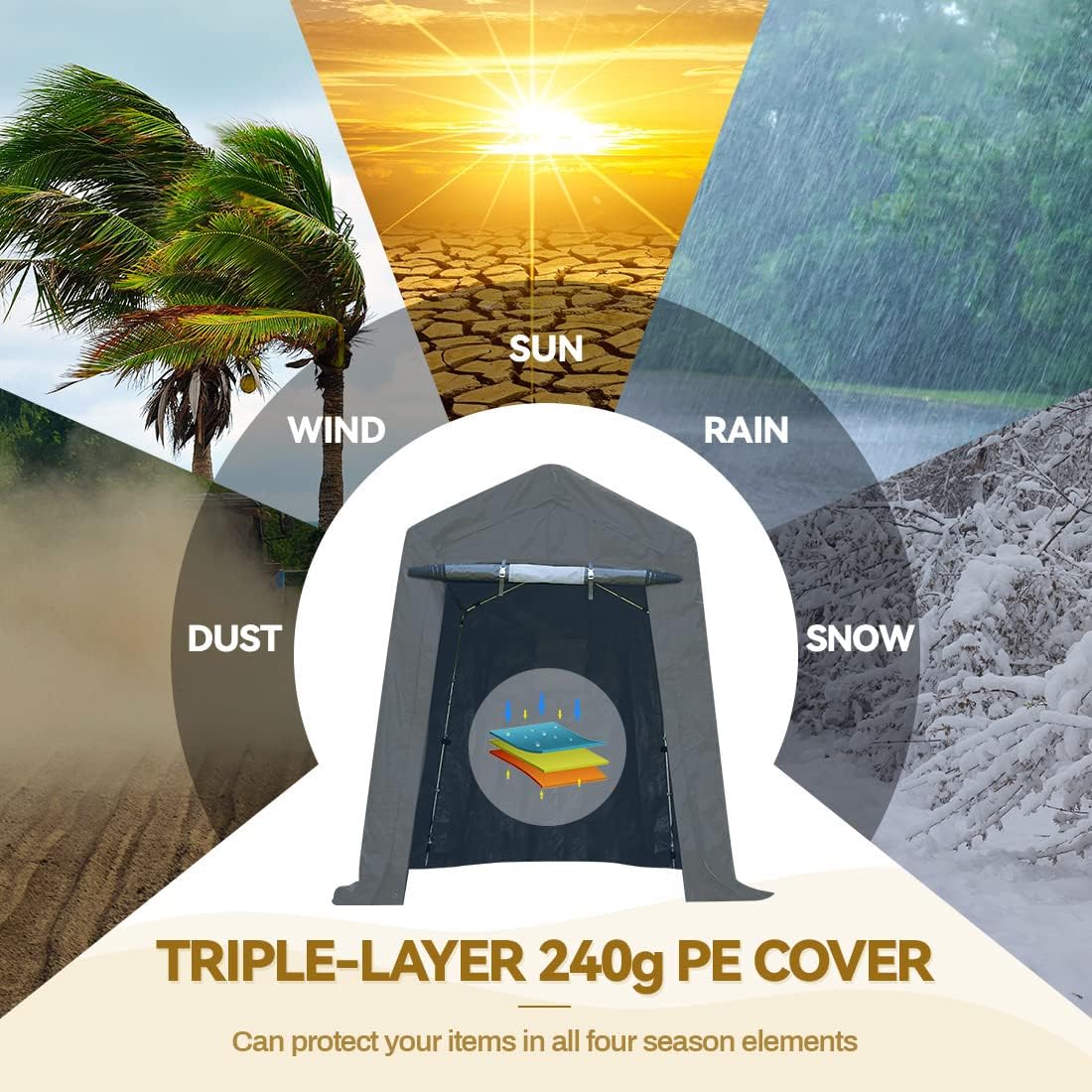 ADVANCE OUTDOOR 6X8 ft Outdoor Portable Storage Shelter Shed with 2 Rolled up Zipper Doors & Vents Carport for Motorcycle Waterproof and UV Resistant Portable Garage Kit Tent, Gray