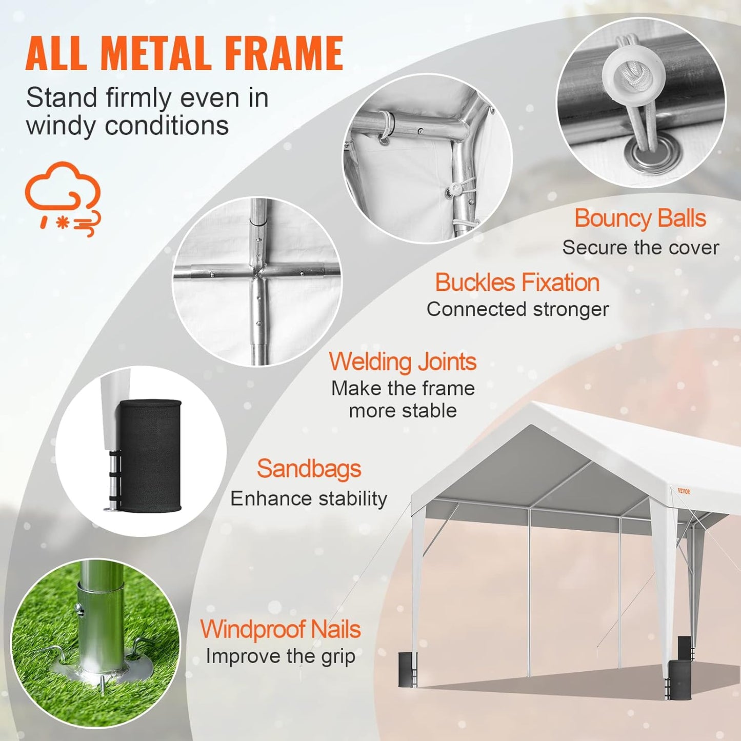 VEVOR Upgraded 10x20 ft Heavy Duty Carport Car Canopy, Car Port Garage Boat Shelter Party Tent with 8 Reinforced Poles and 4 Weight Bags, UV Resistant Waterproof Tarp for SUV, Truck, Boat