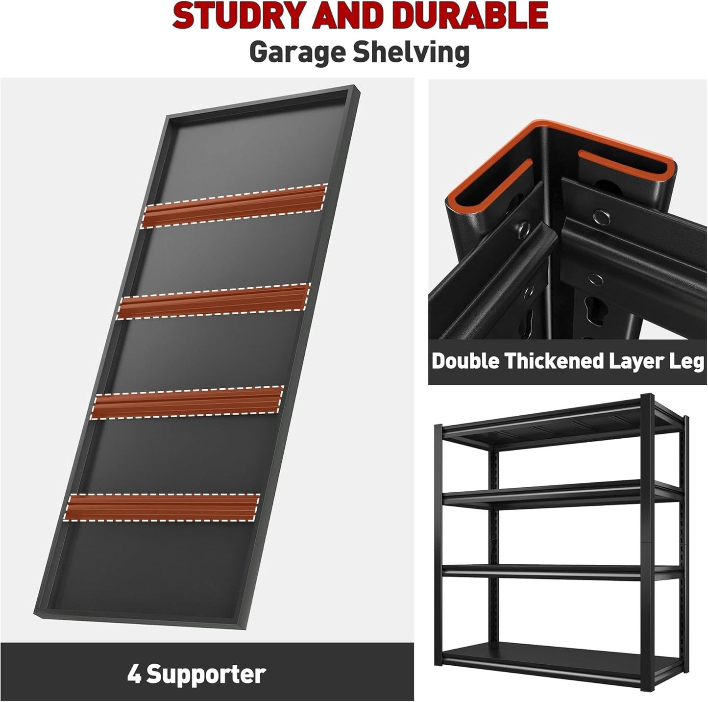 Raybee 40" W Garage Shelving 2000 LBS Storage Shelves 4 Tier Heavy Duty Shelving Adjustable Metal Shelves for Garage,Basement, Warehouse, 40" W x19 D x57 H