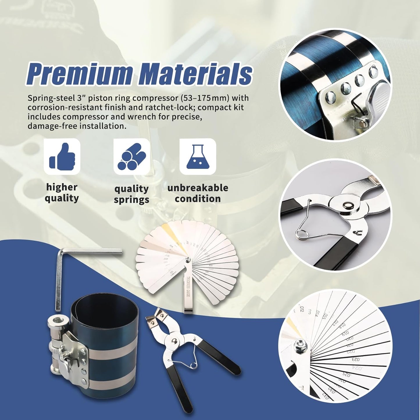 3 Inch Piston Ring Compressor Tool Car Engine Piston Ring Installer Removal Kit for Car Engine with Piston Installer Plier and Stainless Steel Feeler Gauge