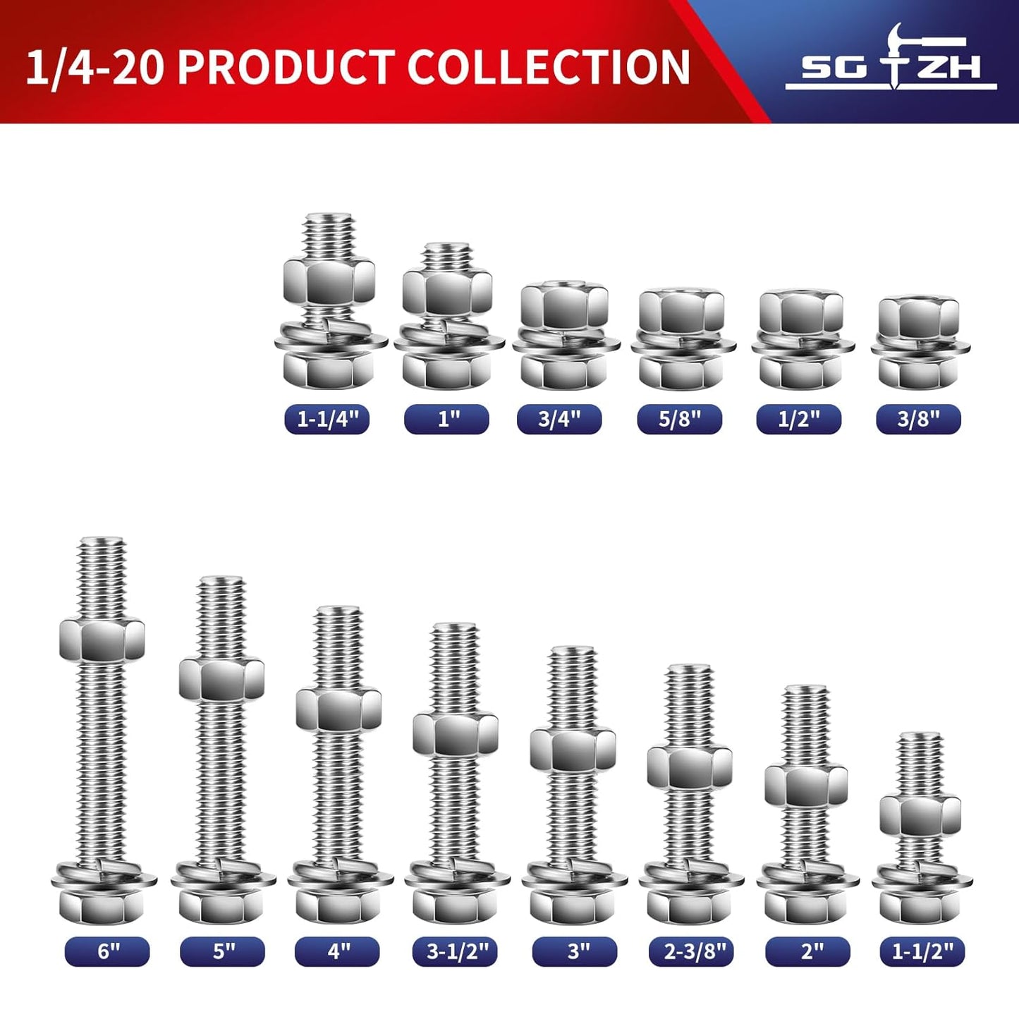 1/4-20 x 3-1/2" Hex Head Screw Bolt, Nuts, Flat & Lock Washers, 10Pcs 18-8 (304) Stainless Steel, Fully Threaded, by SG TZH