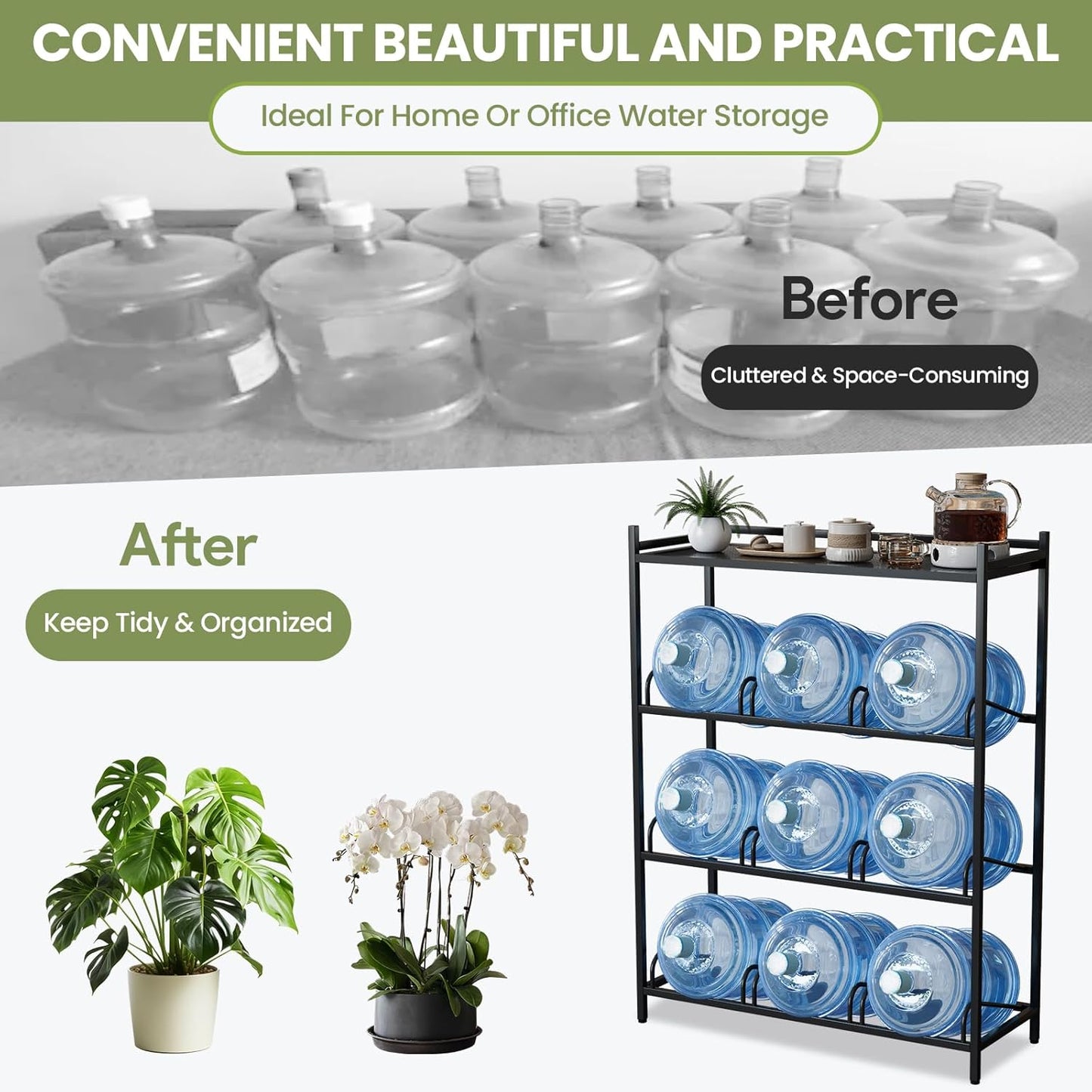 5 Gallon Water Bottle Holder, Water Jug Rack with Top Shelf, Wheels, Movable Water Jug Stand, Two Carry Handles, Heavy Duty 9-Tray Water Jug Stand for Kitchen Office Living Room Garage, Black