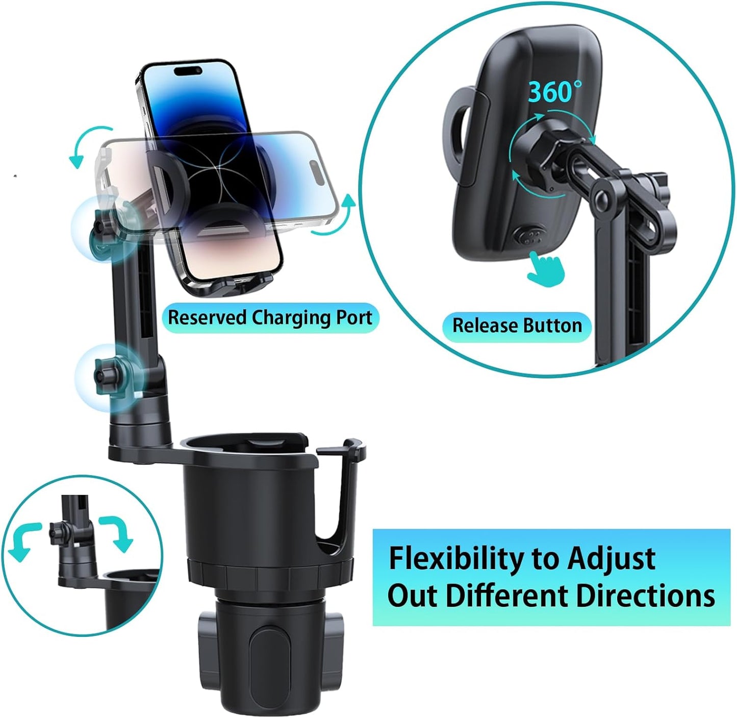 Cup Holder Phone Mount for Car, Upgraded 2 in 1 Car Cup Holder Expander Long Arm with 360° Rotation, Car Phone Holder Compatible with iPhone, Samsung & All Smartphones
