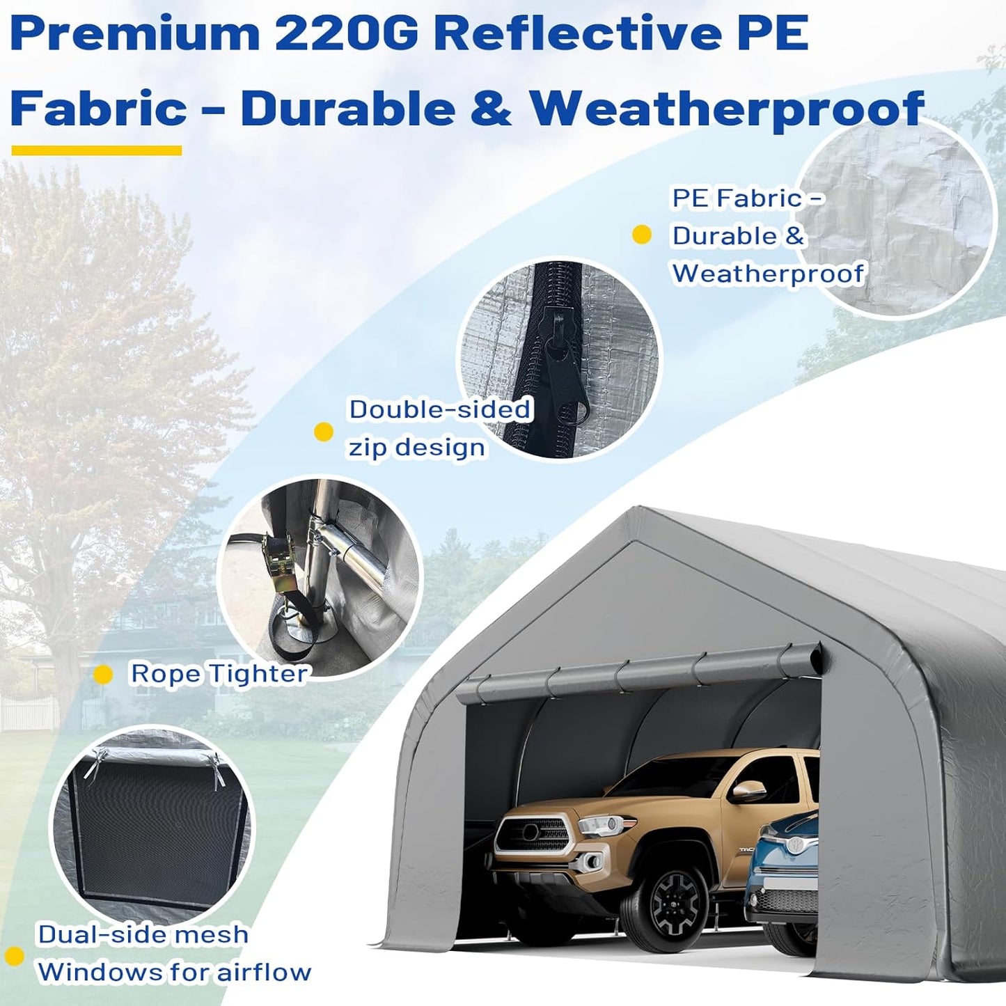 EROMMY 20x30 FT Heavy Duty Durable Carport, Galvanized Steel Frame Garage Shelter and Outdoor Storage, Waterproof 3-Layer PE Cover, Fits 2 Cars, Boat, Farm Equipment, Silver Gray