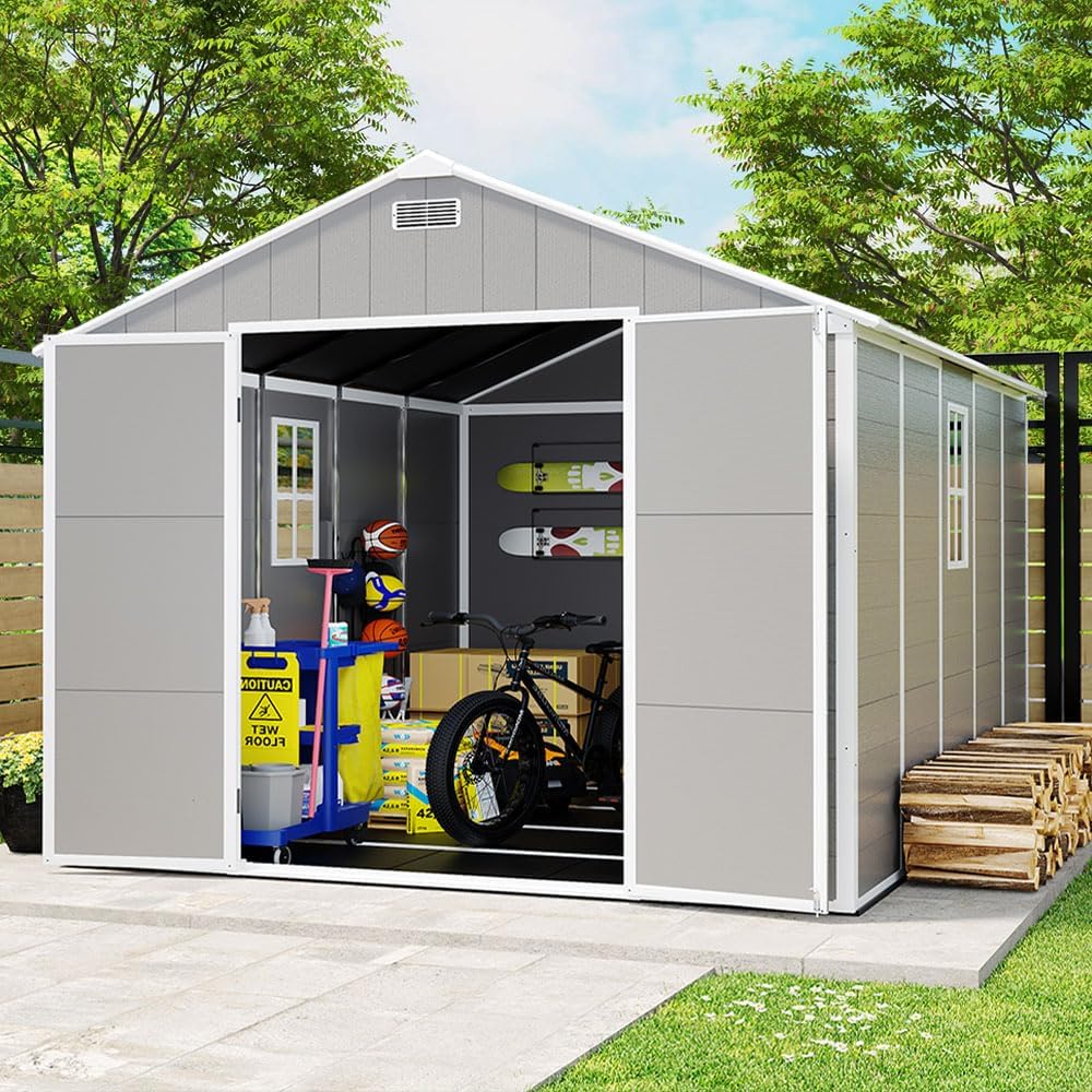 Resin Storage Shed 10x8 ft, Large Outdoor Sheds with Floor, Lockable Doors and Vents, HD Window, 12mm Thick pp Board, Garden Storage Tool Shed for Backyard Patio Lawn (Grey, 10 * 8ft)
