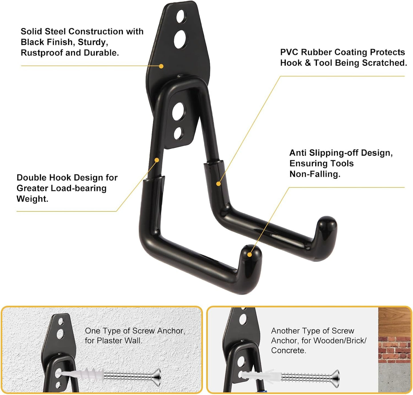 Steel Garage Hooks Wall Tool Organizer, 8 Pack Garage Storage Hook Heavy Duty Utility Storage Hangers Black for Ladders, Ropes, Garden Tools