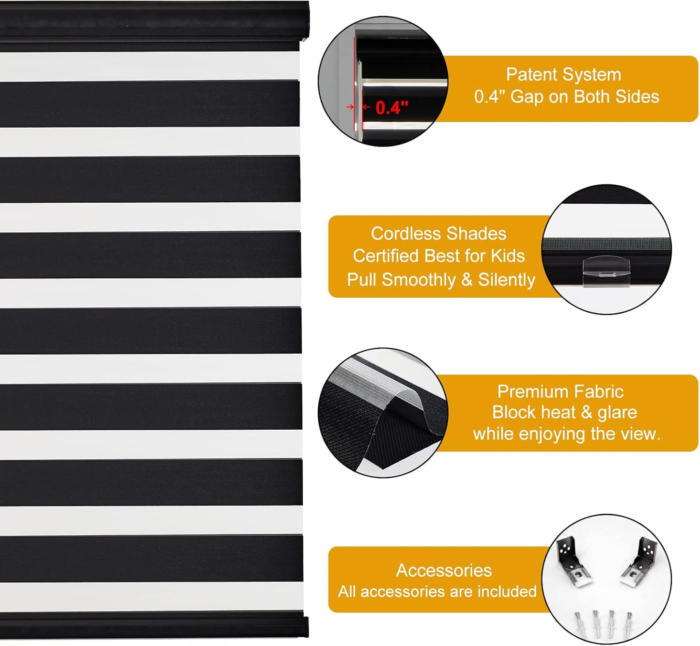 Persilux Cordless Zebra Blinds for Windows (33" W X72 H, Black) Free-Stop Roller Windows Shades Dual Layer Light Control for Day and Night, Light Filtering Sheer Shades for Home, Easy to Install