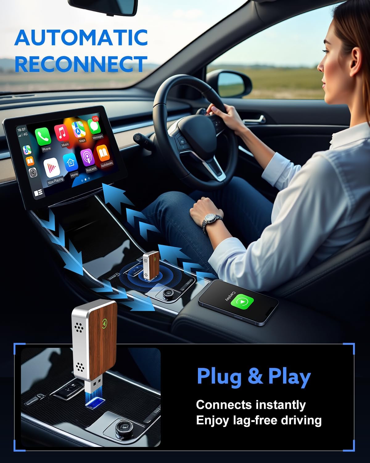 Wireless Carplay Adapter for iPhone & Android Auto 2-in-1, Convert Factory Wired to Wireless Carplay Dongle, Plug & Play Carplay Wireless Adapter for iPhone iOS 10