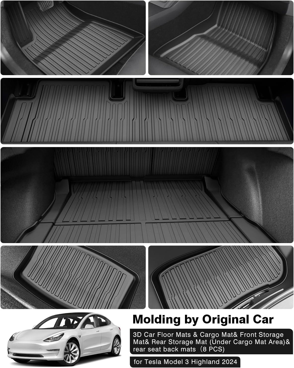 Powerty Floor Mats for 2024 2025 Tesla Model 3 Highland 8 PCS Floor Cargo Liners Full Set All Weather TPE 3D 2 Row Liner Front Rear Storage Mat and Rear Seat Back Mats