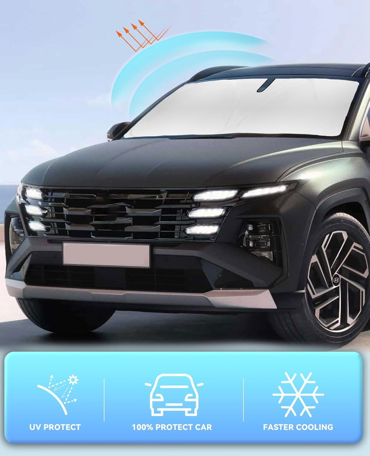 Sun Shade for Tucson Windshield Sunshades for 2022-2024 2025 2026 Tucson for Hyundai Windshield Cover Front Window Shields 240T Silver Coating Protector Sun Visor Blocks UV Rays Heat Car Accessories