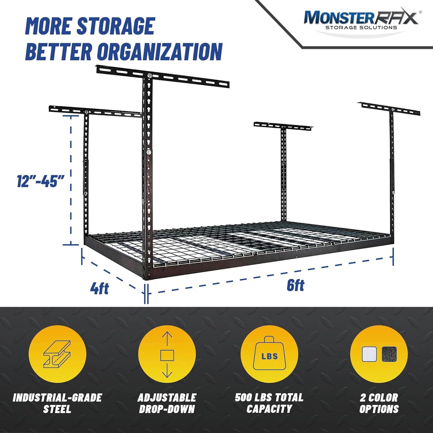 MonsterRax Overhead Garage Storage Racks 4x6, Ceiling Mounted Shelving, Adjustable Hanging Storage Organizer, Heavy Duty Steel, Holds 500 Pounds, Color: Hammertone, Adjusts 12"-21” off Ceiling