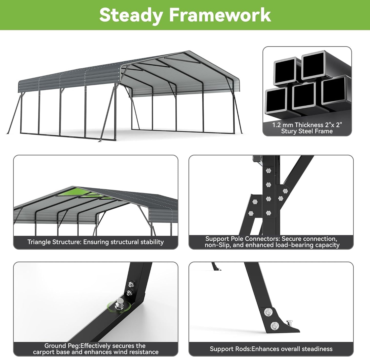 Real Relax 20x20ft Heavy Duty Metal Carport with Galvanized Steel Roof, 4 Support Legs, Outdoor Car Port Shelter for 2 Cars, Trucks and Boats