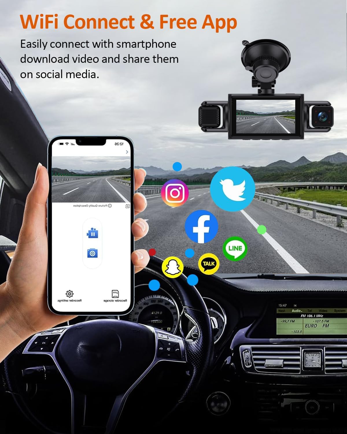 4 Channel WiFi Dash Cam with 32GB Card, 4 * 1080P Dash Camera for Cars Front and Rear Left Right,3”IPS Screen Dashcam with 360° Surveillance APP Control, 24H/7 Parking Mode,Night Vision G-Sensor