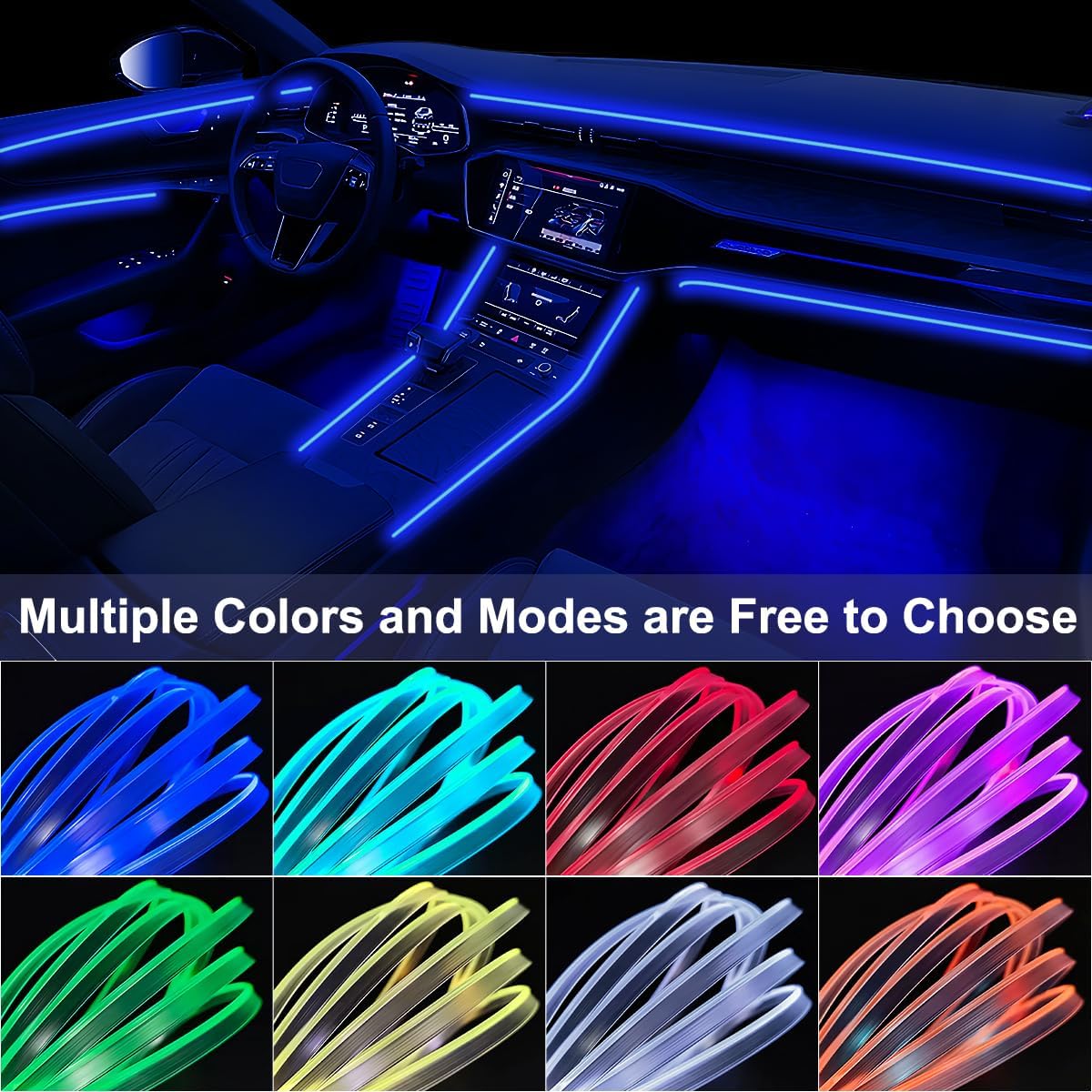 Interior Car Lights with Wireless APP & Remote Control, 9 in 1 RGB Car Ambient Lighting Kit with 4 Under Dash Lights & 5 Fiber Optic LED Strips, Sync to Music Inside Car Accessories