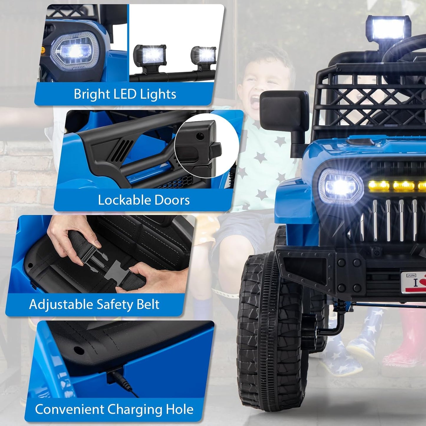 Costzon Kids Ride On Truck, 12V Battery Powered Electric Vehicles w/Remote Control, Spring Suspensions, 3 Speeds, Music, Lights, Wireless Connection, Ride on Car for Boys & Girls 3+ (Navy Blue)