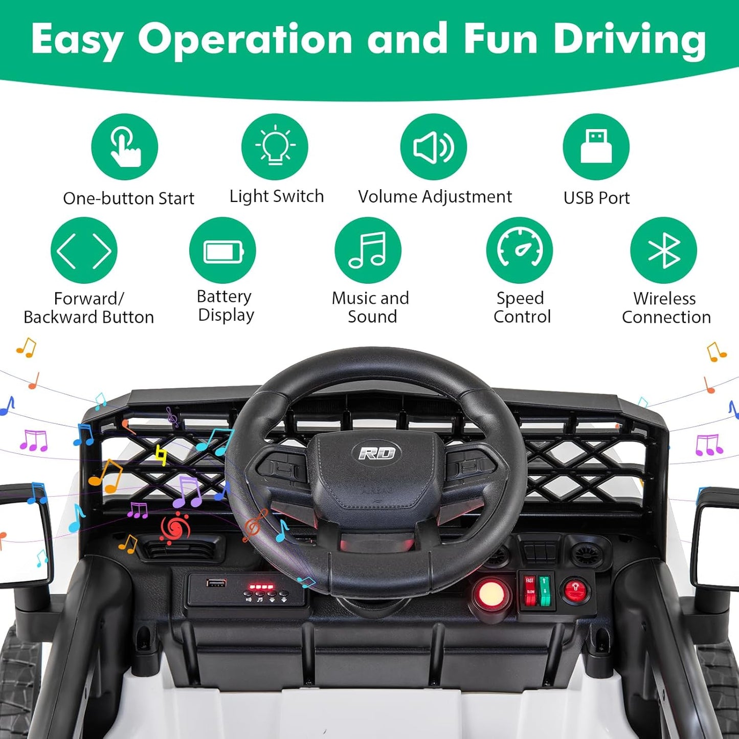 Costzon Kids Ride On Truck, 12V Battery Powered Electric Vehicles w/Remote Control, Spring Suspensions, 3 Speeds, Music, Lights, Wireless Connection, Ride on Car for Boys & Girls 3+ (White)