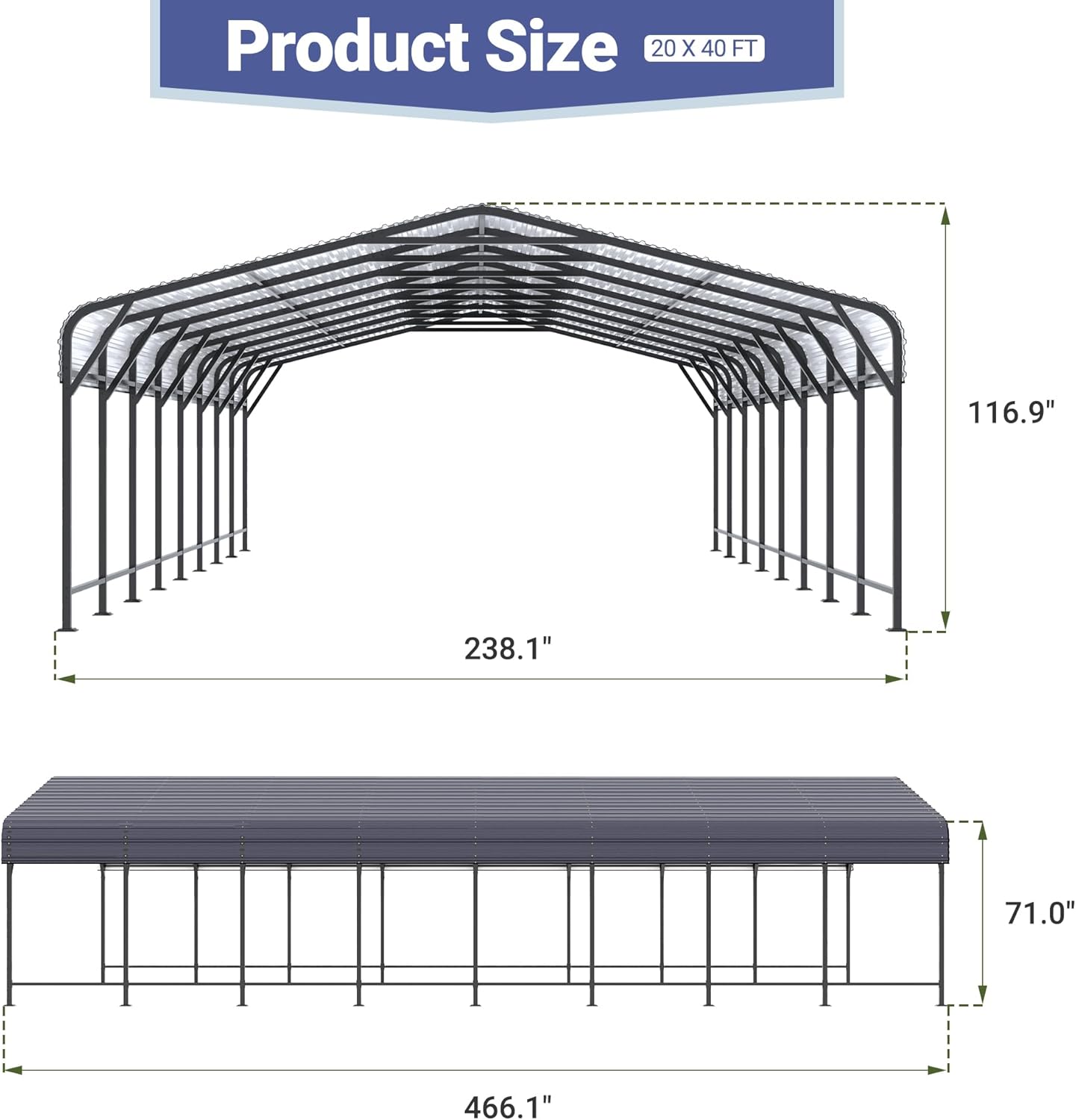 Polar Aurora 20x40 FT Metal Carport with Heavy Duty Carport Canopy, Car Port with Reinforced Base and Upgraded Support Framework, Car Garage Shelter for 2 Car, Boats and Truck