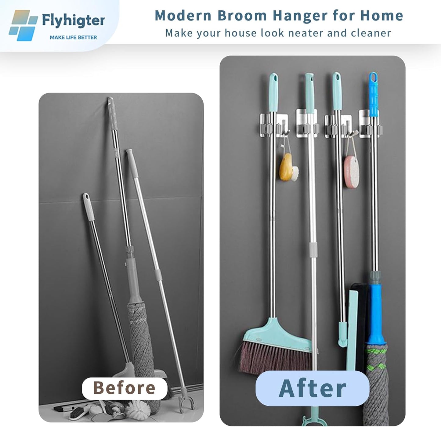 Stainless Steel Mop Holder Wall Mount – 4 Pack Heavy-Duty Broom Organizer with Strong Grip, Adhesive or Nail-Free Glue Installation for Bathroom, Kitchen, Garage