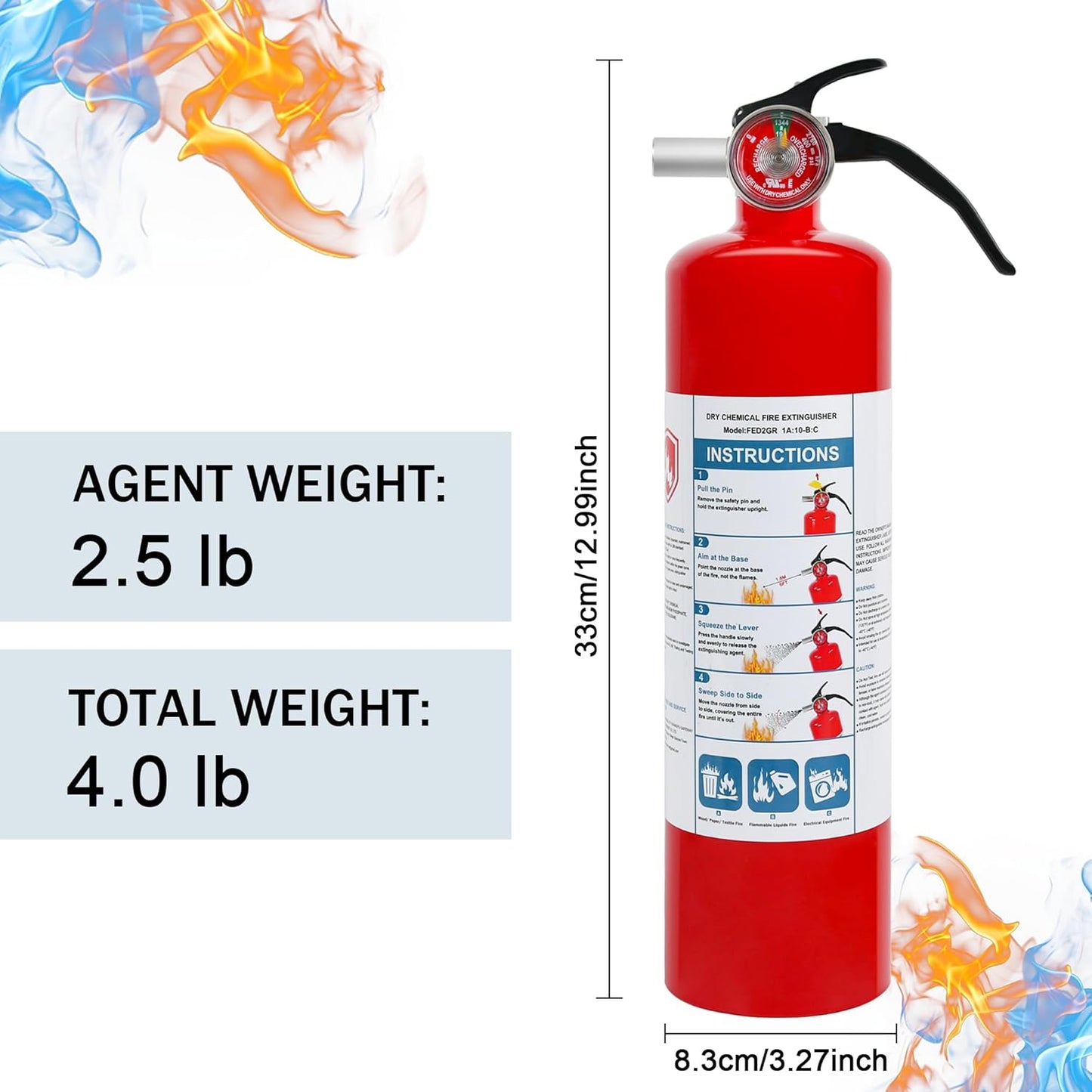 2 Pack ABC Dry Chemical Fire Extinguishers, 2.5 lb 1A:10B:C Rating for Home, Car, Boat, Quick Release Handle, Compact & Portable Dry Powder extinguisher