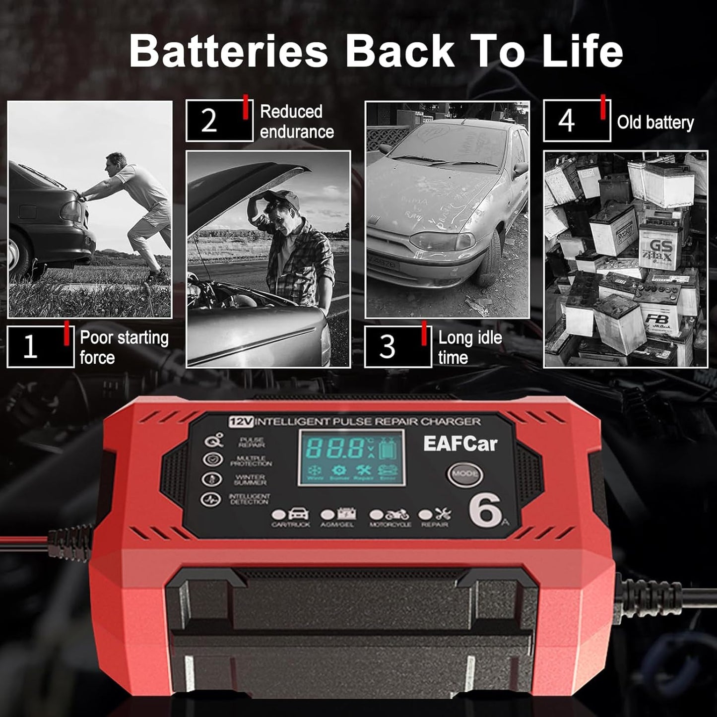 6-Amp Battery Charger, 12V Trickle Charger Car Battery Charger, Smart Automatic Lead Acid Charging with Temperature Compensation for Car Truck Lawn Mower Boat Marine(6A)