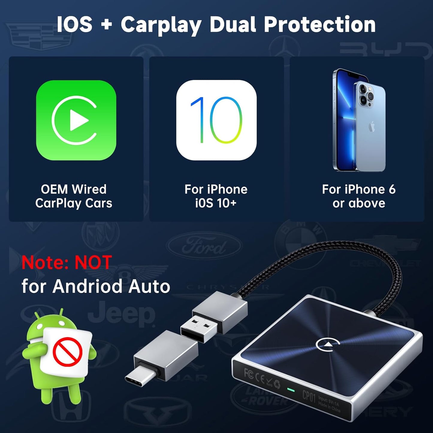 Wireless CarPlay Adapter for iPhone– Super mini 2 in 1 Plug Convert Wired to Wireless Car Play Dongle for Apple iOS 10+ , Instant Connectivity, Fit for Cars with Built-in CarPlay, Black Silver
