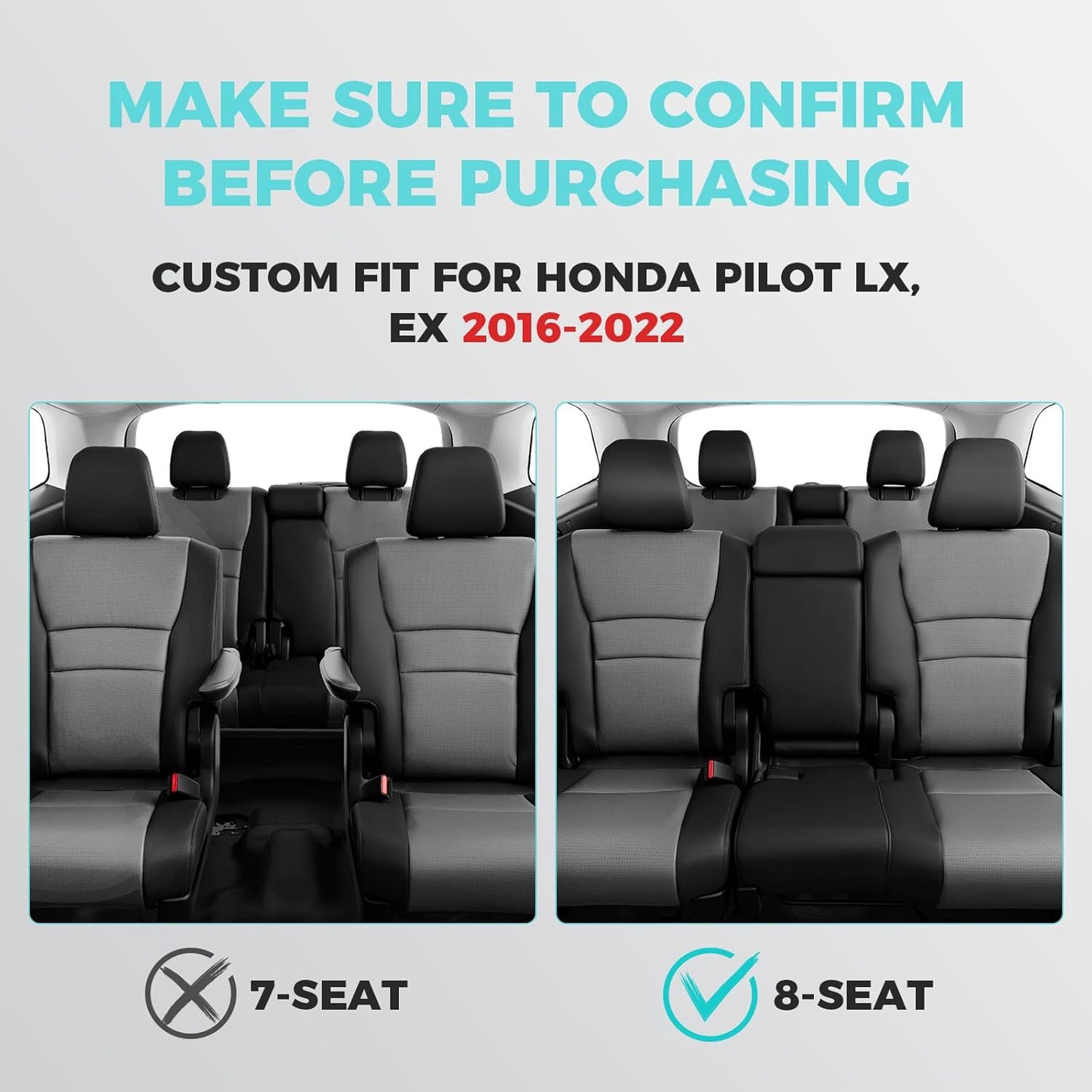 Custom Fit for Honda Pilot Seat Covers - Car Seat Covers Full Set for Pilot LX EX 2016 2017 2018 2019 2020 2021 2022 8 Seats, Leather Automotive Seat Covers, Black Grey