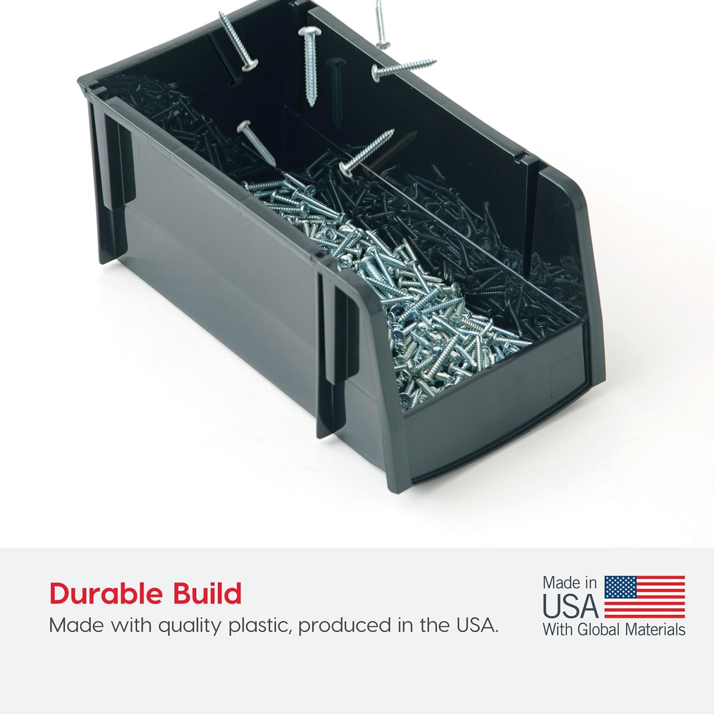 IRIS USA Stackable Bins, 11 x 6 x 5 inch, Plastic Hanging Open Front Shelf Bin Storage Organizer for Hardware, Craft Supplies, Small Parts, Nuts and Bolts, Garage Organization, 4 Pack- Medium, Black