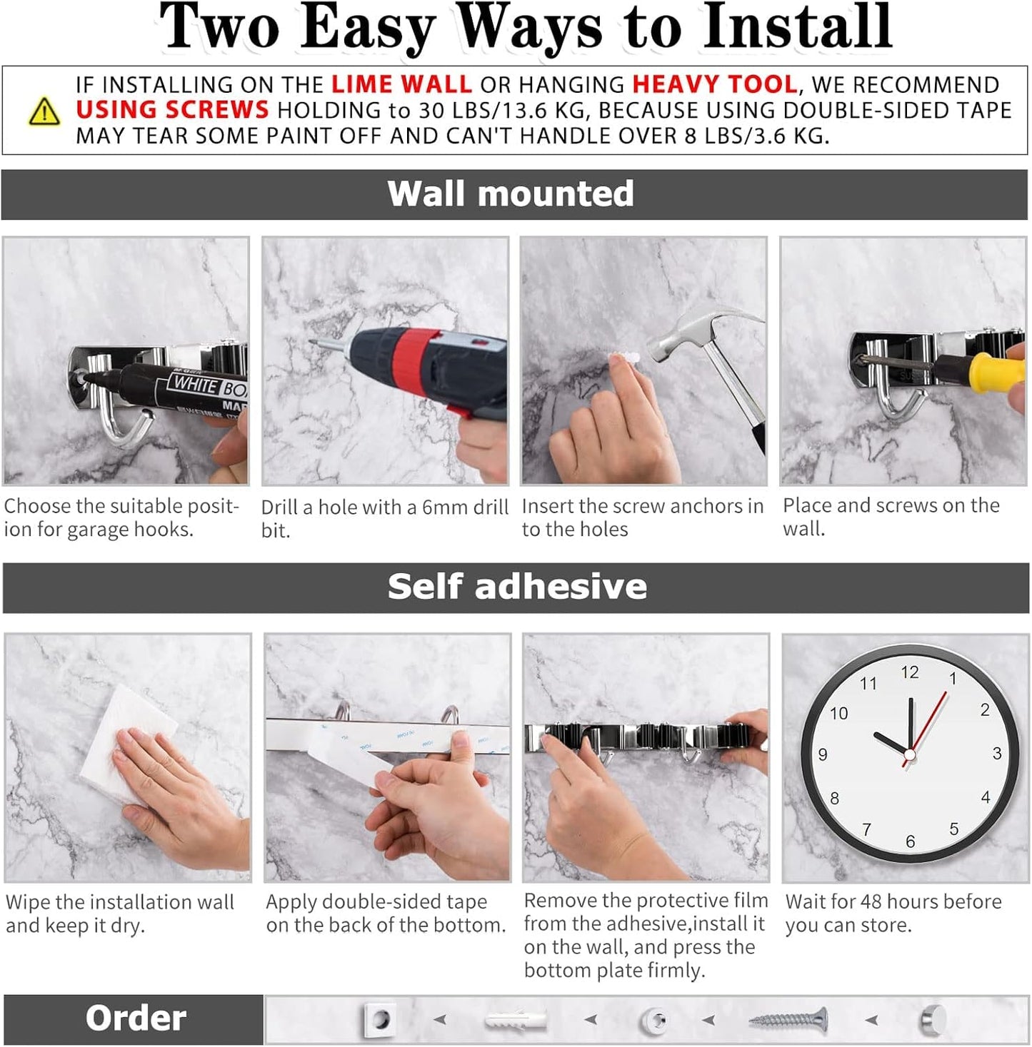 AceMining 5 Racks and 4 Hooks Mop and Broom Holder Wall Mount, Broom Organizer Storage Tool Racks Stainless Steel Heavy Duty Hooks Self Adhesive Solid Non-slip for Home Kitchen Garden Laundry Garage