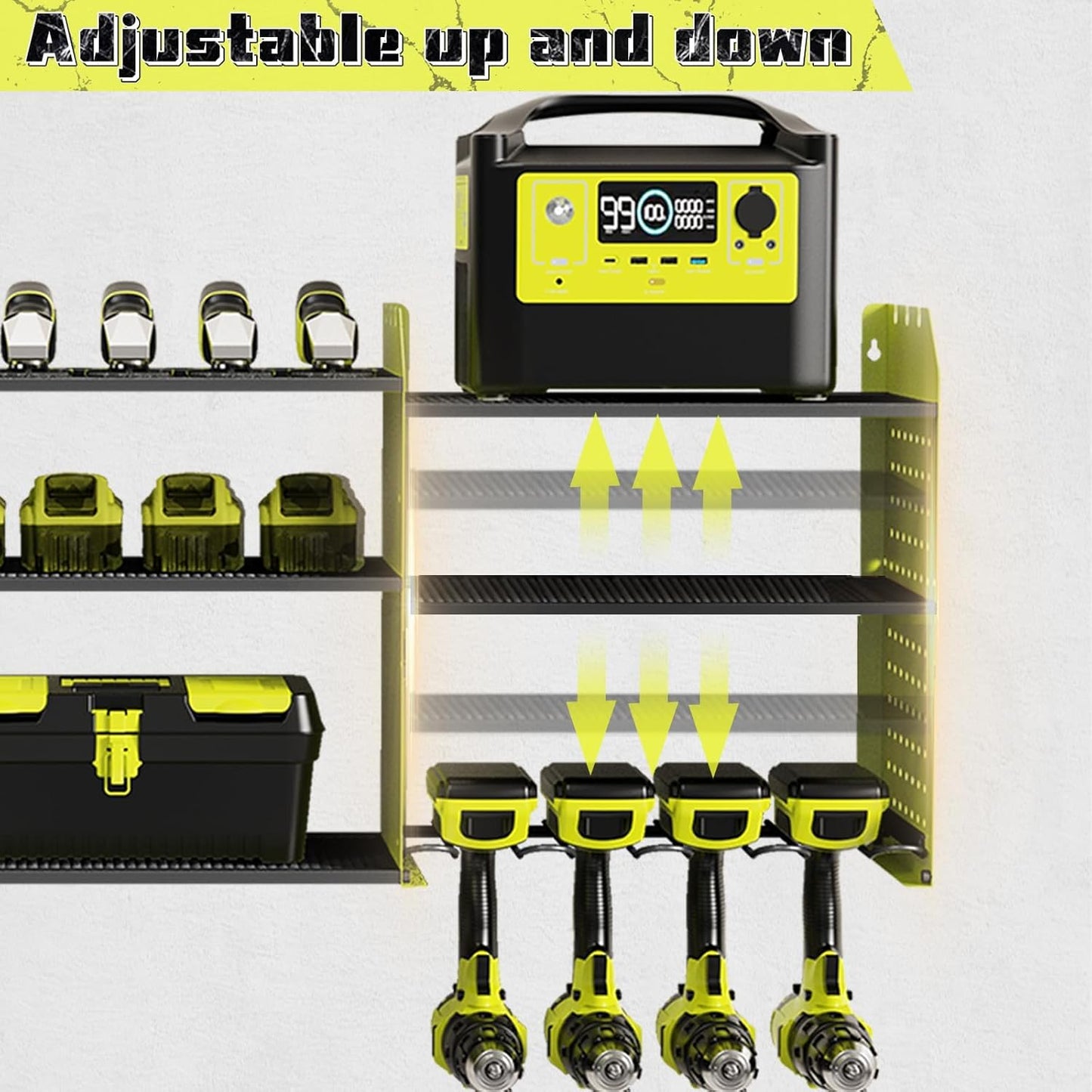 Power Tool Organizer with Charging Station Wall Mount, 3 Layer Expanded Heavy Duty Garage Organization, 45.5 Inch Length Garage Tool Storage, 8 Drills, 2 Assemble Method, Green