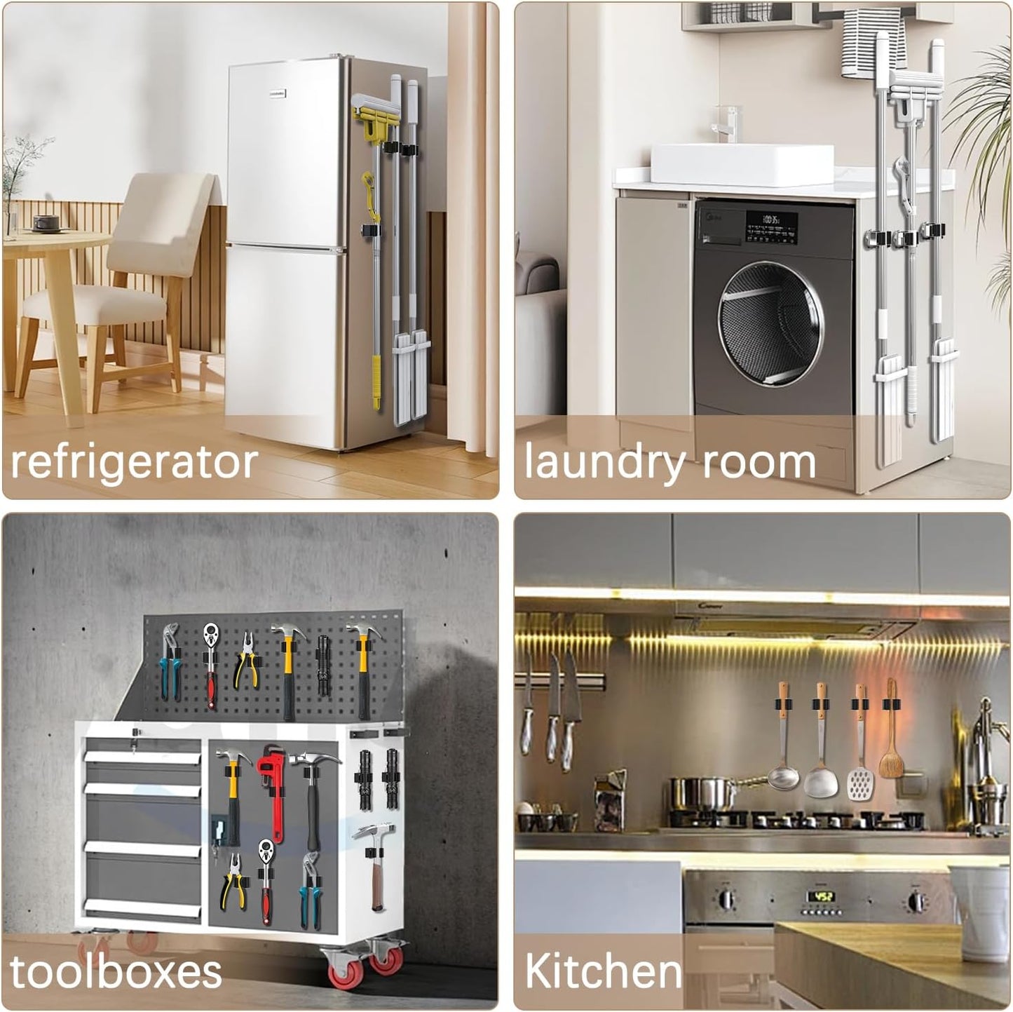 3-H Magnetic Broom Holder with Strong Magnetic Hook 8 Pack,Broom Holder Wall Mount for Garage Garden Shed Storage System Laundry Room Home Kitchen Organization