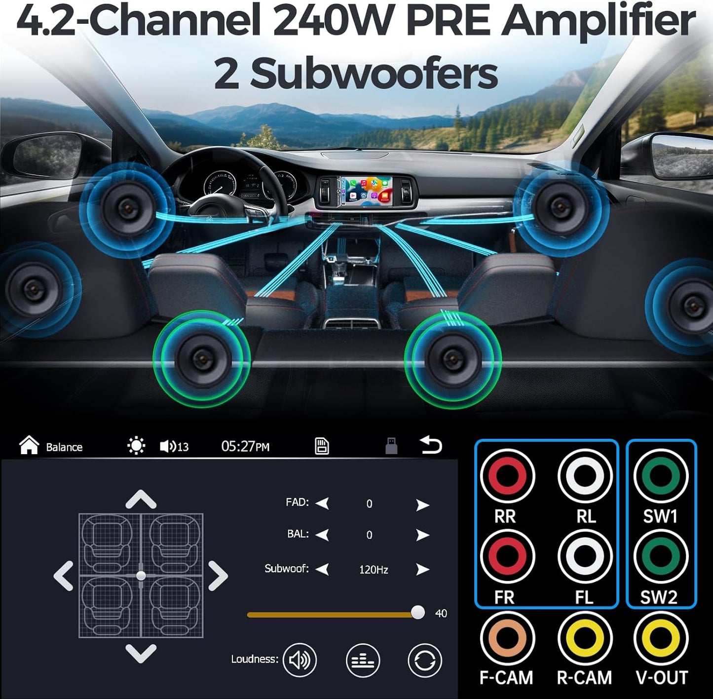 PLZ 7" QLED Wireless Double Din Car Stereo - Apple CarPlay & Android Auto, 240W 4.2CHN, 2 Subwoofers Outputs, SWC, Bluetooth, FM/AM Car Radio, Backup Camera