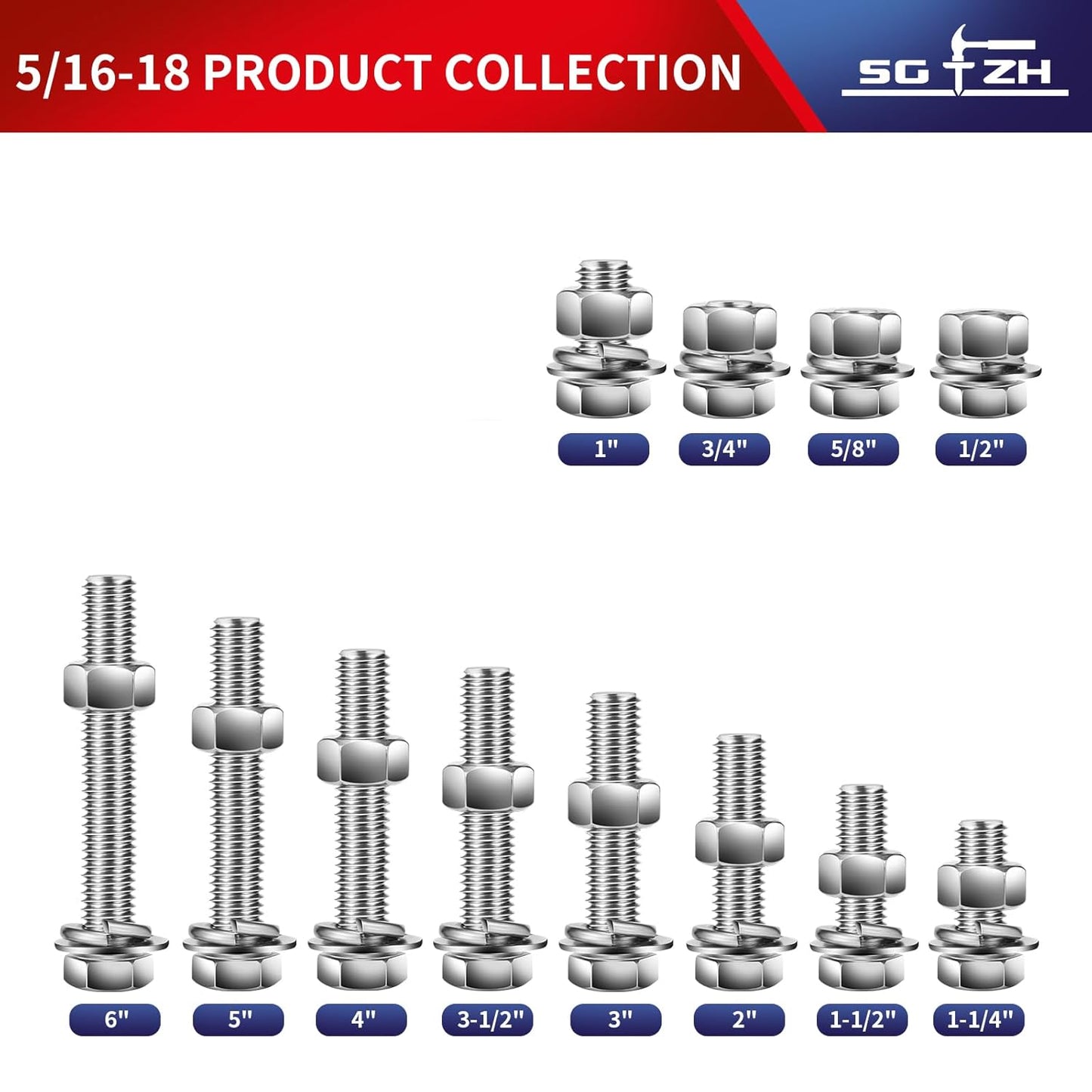 5/16-18 x 3/4" Hex Head Screw Bolt, Nuts, Flat & Lock Washers, 10Pcs 18-8 (304) Stainless Steel, Fully Threaded, by SG TZH