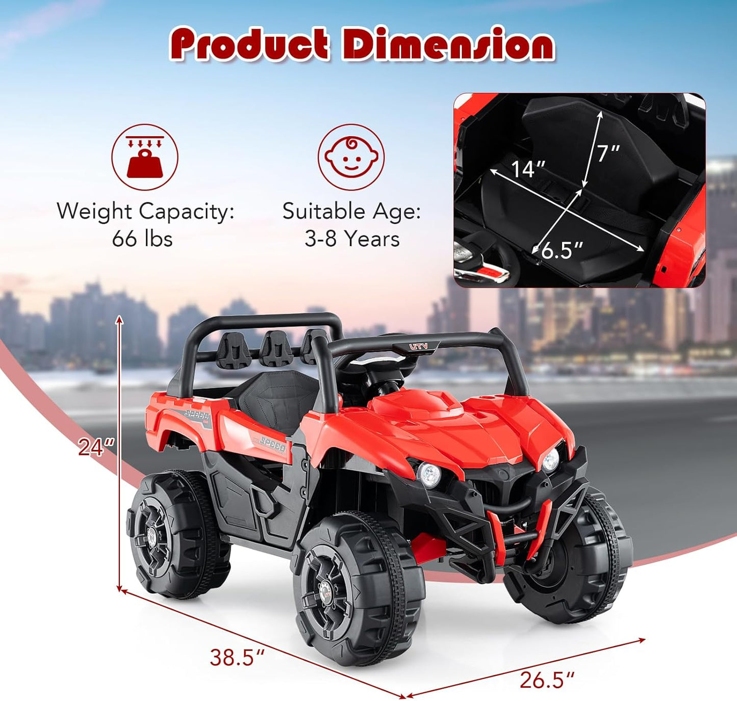 OLAKIDS 12V Ride on Car UTV, Battery Powered Off-Road Kids Electric Vehicles with Remote Control, Music, Horn, MP3, Lights, 3 Speeds, Soft Start, Ride on Truck for Boys Girls (Red)