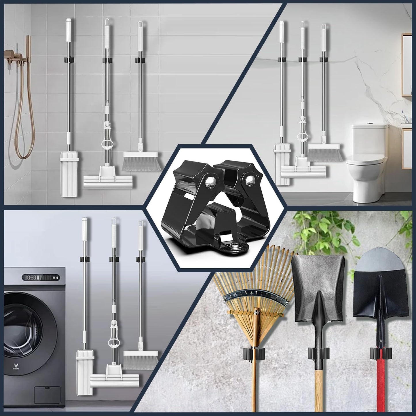 3-H Stainless Steel Broom Holder Wall Mount 6-Pack- Heavy Duty Mop Organizer, Wall Mounted Broom Storage with Secure Mounting for Kitchen Laundry Garage Bathroom (Space Saving)