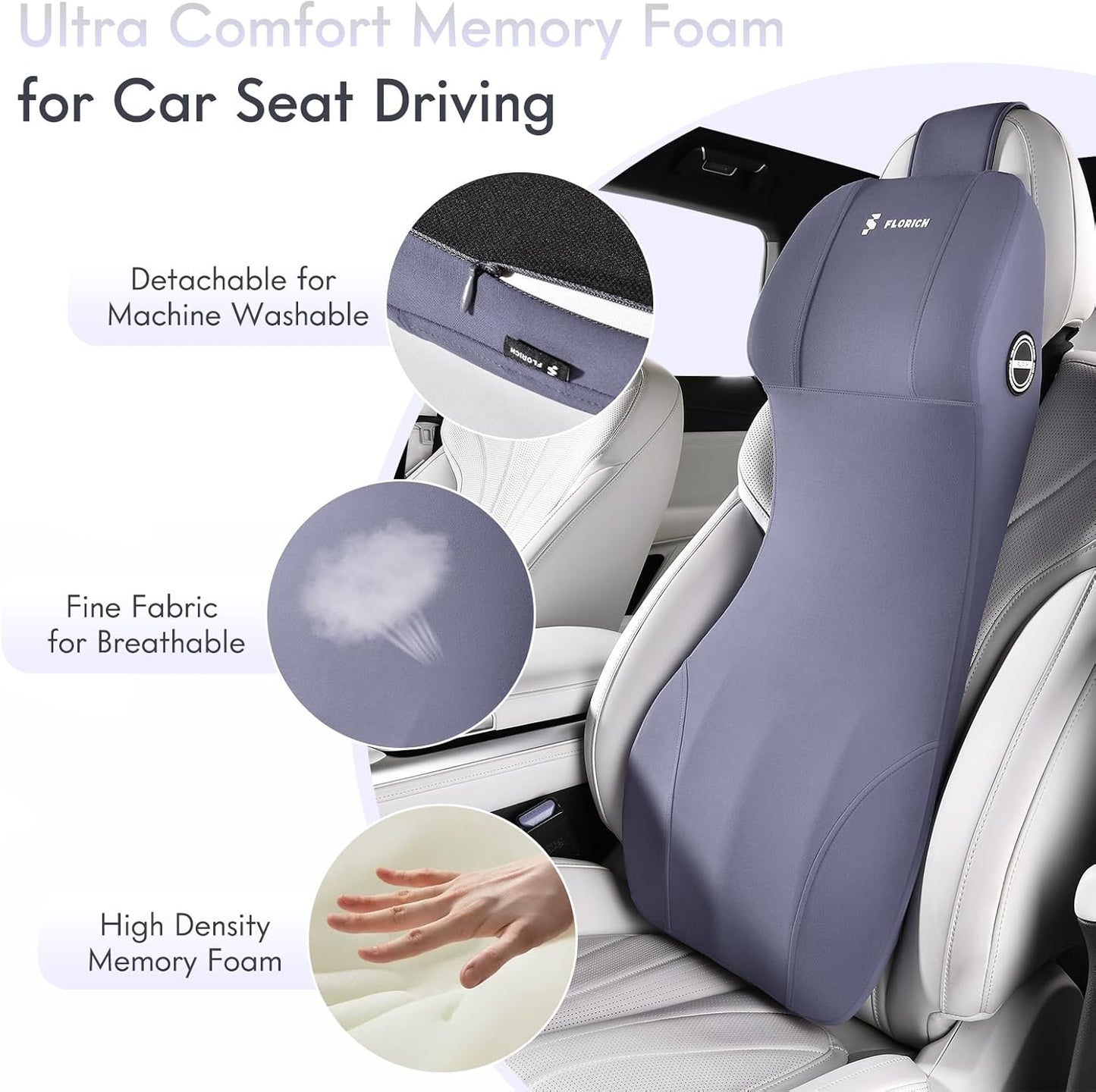 FLORICH Integrated Car Seat Lumbar Support Pillow & Car Neck Pillow Memory Foam Back Cushion for Driving Car Seat Back Support Pillow for Car Seats Driver Back Neck Sciatica Pain Relief Cushion, Blue