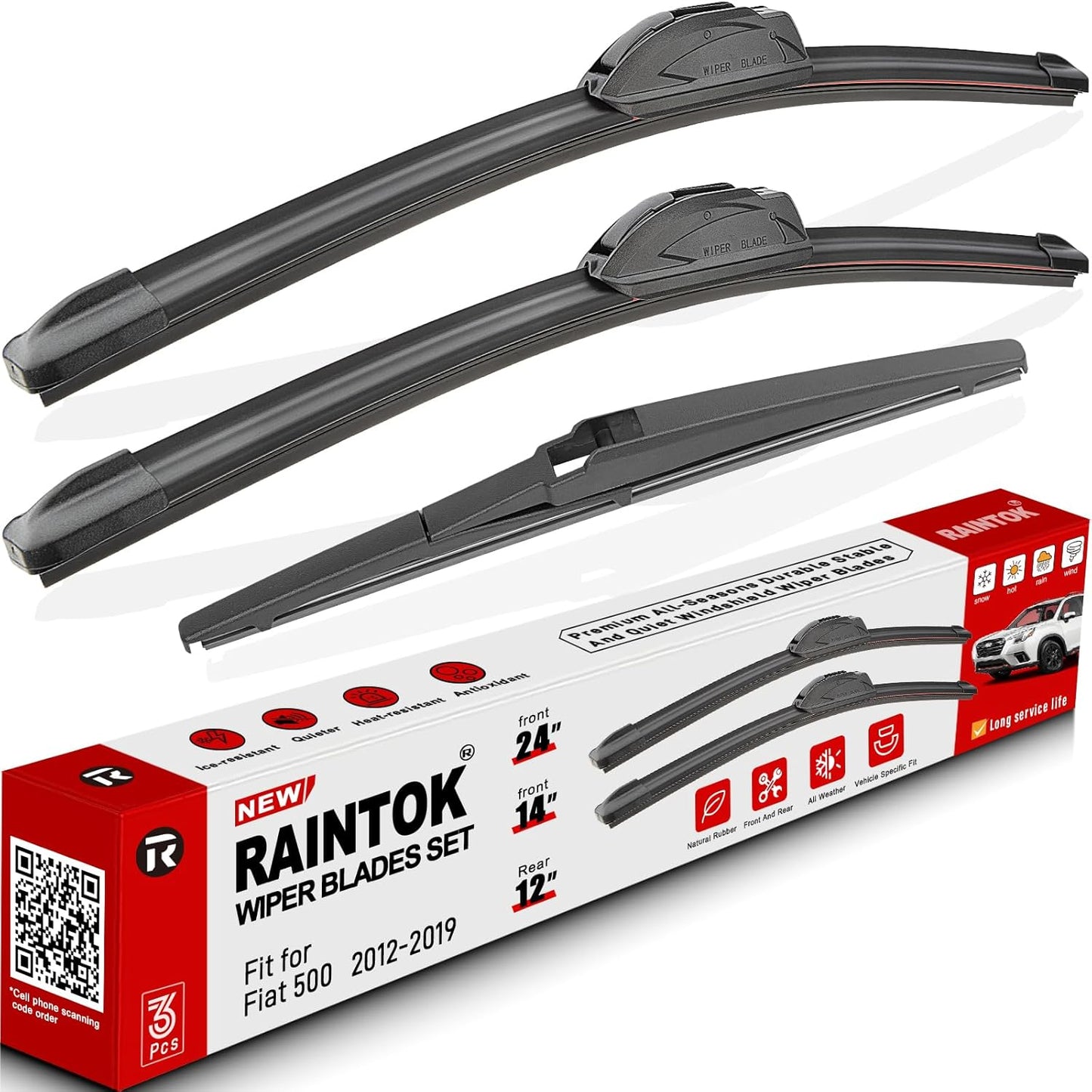 Windshield Wiper Blades Replacement for 2012-2019 Fiat 500 Original Factory Quality Front Rear Wipers Blade Set for My Car - 24" 14" 12" (Pack of 3)