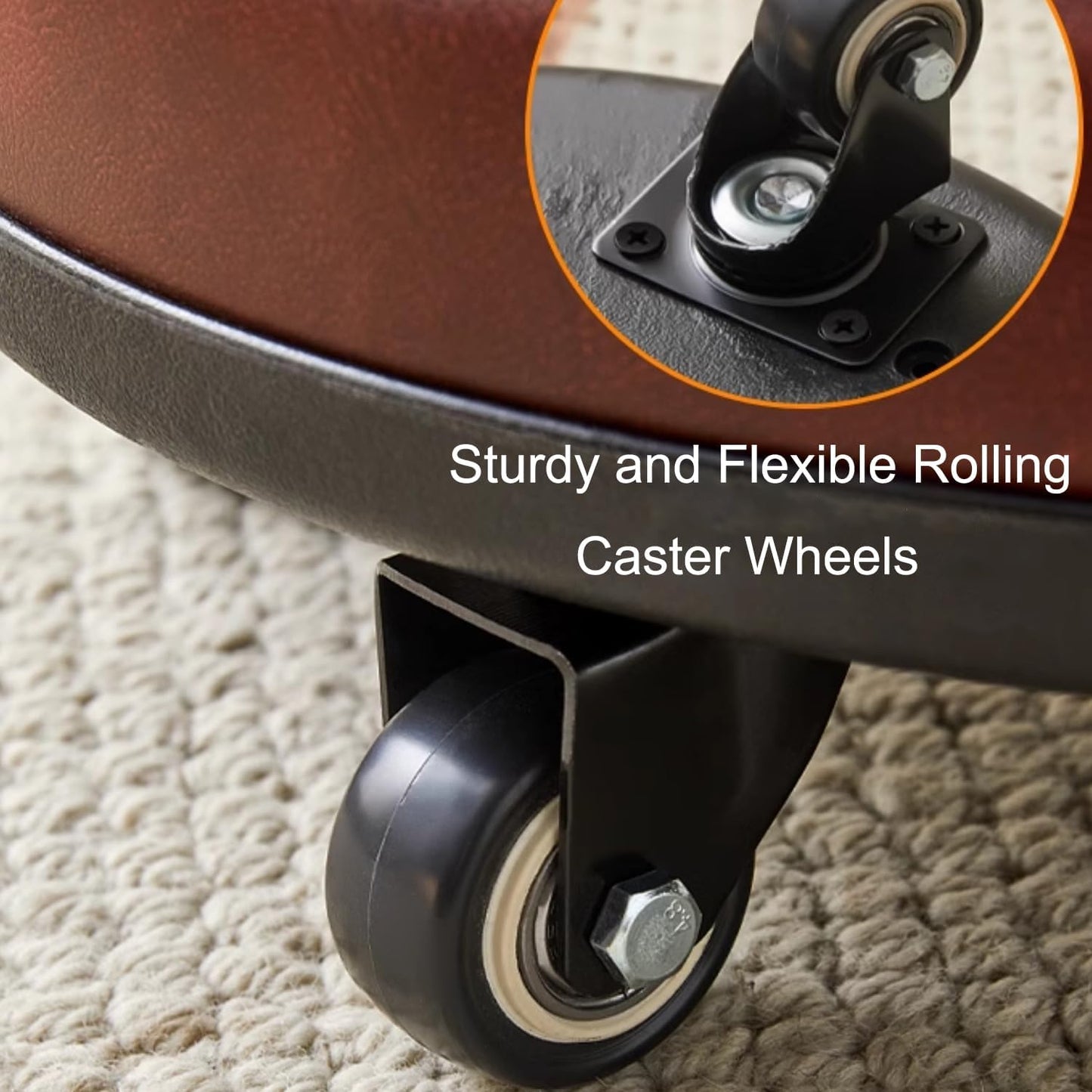 Low Roller Seat 13’’, Brown Swivel Rolling Stool with 5 Rolling Caster Wheels, PU Leather Low Seat Tool Heavy Duty for Home and Office, Modern Comfortable Wheel Stool Chair Low Height, 1Pcs