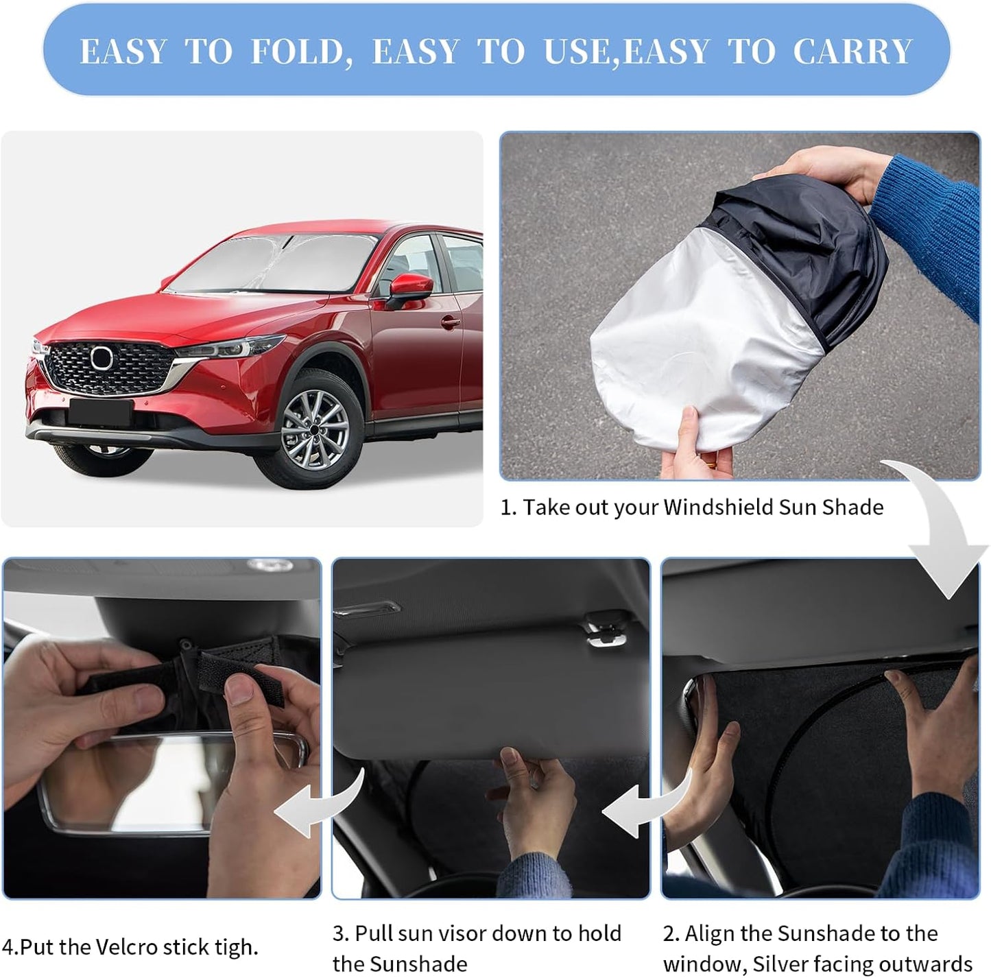 for Mazda CX5 CX-5 2017-2024 2025 Sun Shade Sunshade Windshield Cover, 4-Layer Front Window Shade Custom Fit CX5 Sport, Touring, Grand Touring, 4 Door Crossover Sun Visor 240T Fabric Shade